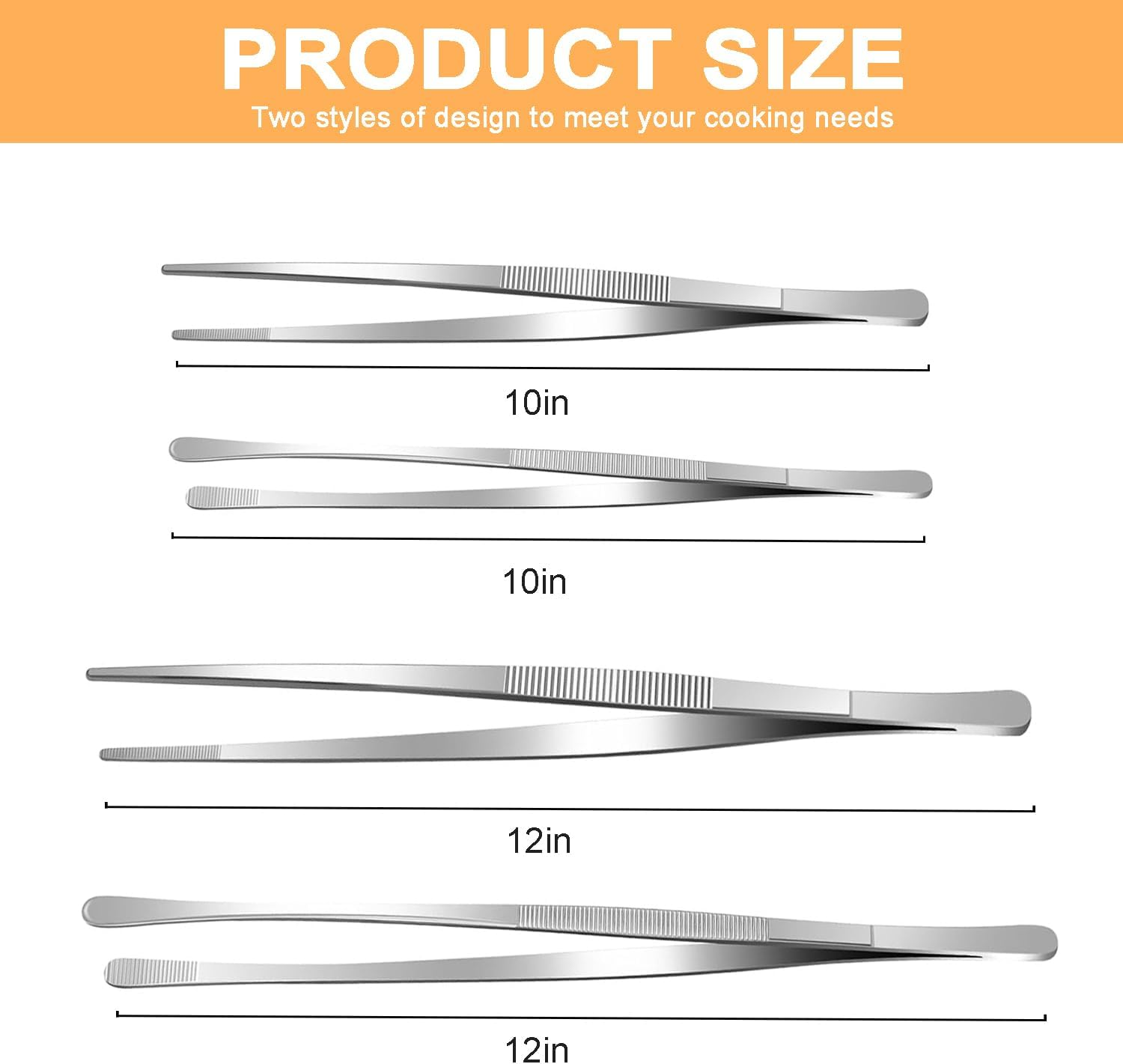 4 Pcs Stainless Steel Kitchen Tweezer Tongs, 10/12In Serrated Tips, Ergonomic Long Handles for BBQ Grilling, Cooking image number 1