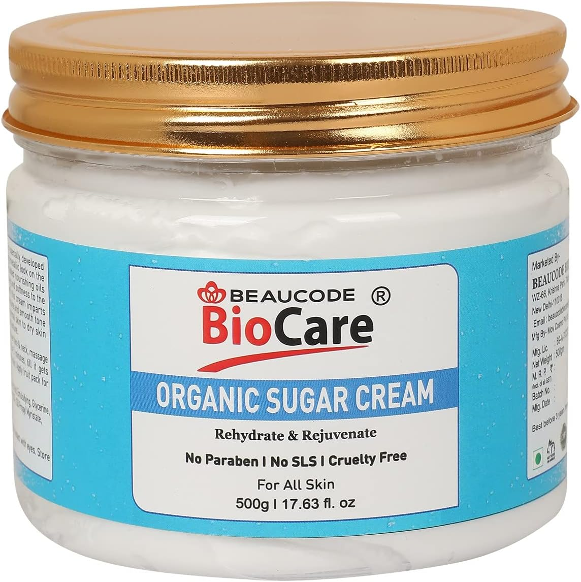 BEAUCODE Biocare Organic Sugar Face & Body Cream | Rehydrate & Rejuvenate| Whitening and Brightening | Softening and Nourishing | No Paraben | No SLS| Cruelty Free | for All Skin -500G