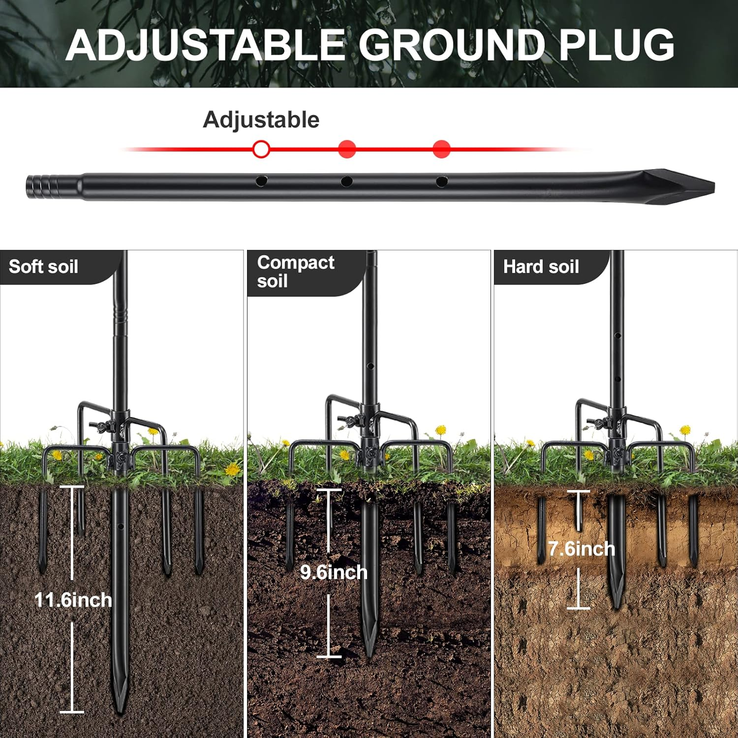 Bird Feeder Pole, 62 Inch & 5/8 Inch Diameter Stainless Steel Heavy Duty Shepherds Hooks for Outdoor to Hang Outdoor Lights with 5 Prongs Base, Rustproof for Garden Decor or Wedding Decors(Black) image number 3