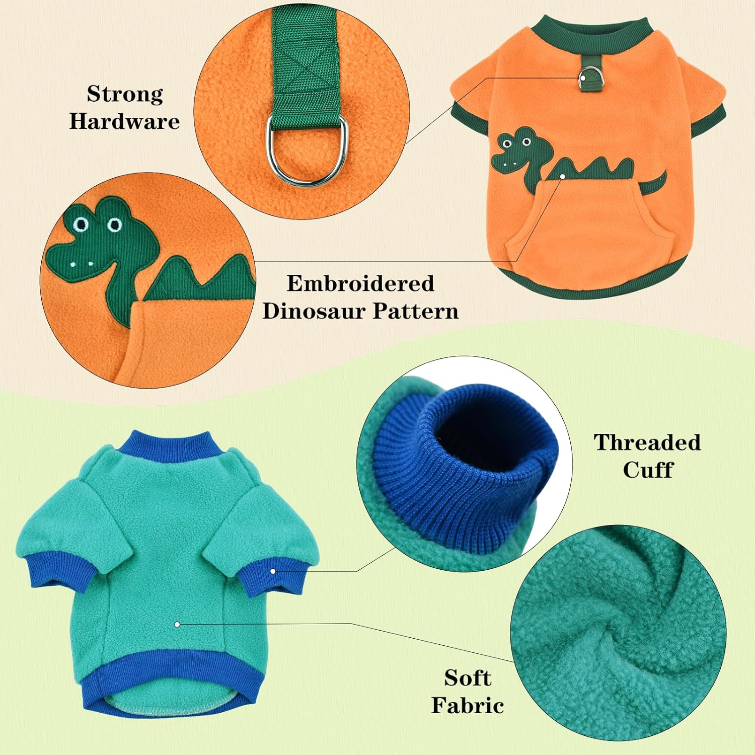 Cooshou Dog Sweater for Puppy Cats Warm Pullover Sweatshirt Cute Dinosaur Pattern Winter Clothes with Pocket for Small Dogs Cats S image number 6