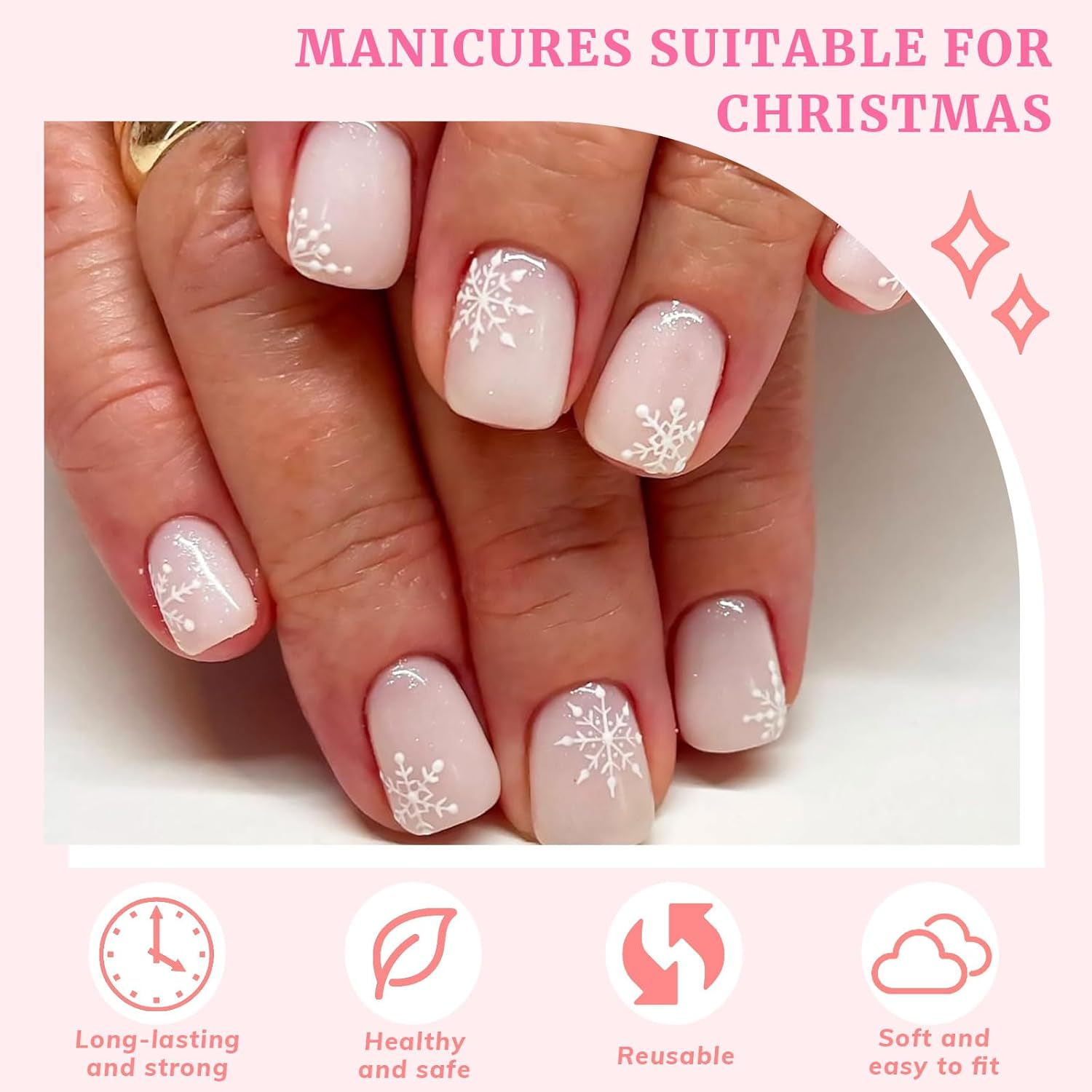 Celblisora 24 Pieces Winter Stick on False Nails Short Square Nails Snowflake Christmas White Glitter False Nails for Women image number 1