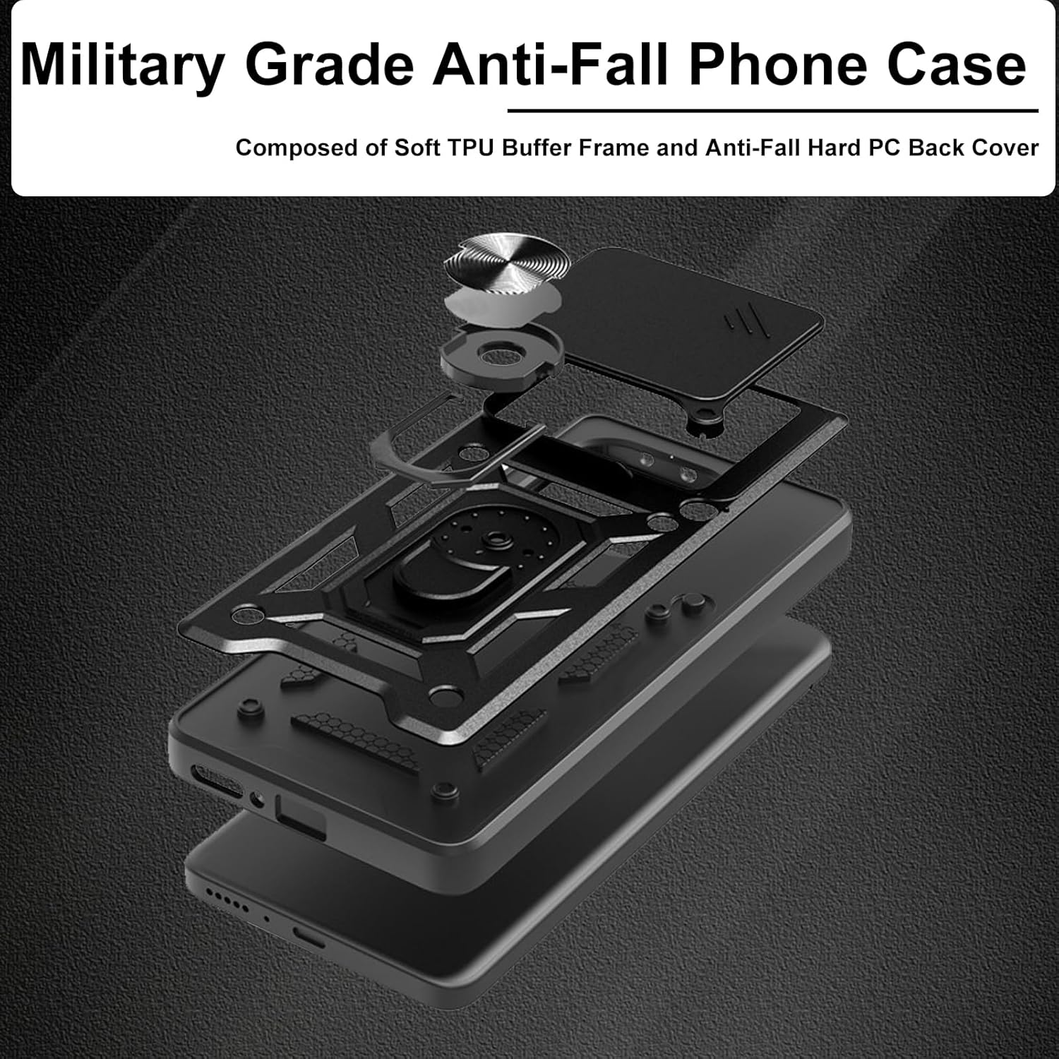 CONAPIKA Case for Oppo Find X9 Pro with 2 Tempered Glass, Heavy Duty Protective Cover Rotating Magnetic Car Bracket Camera Protection Sliding Cover Hybrid Soft Tpu+Hard PC Anti-Scratch Case,Black image number 6