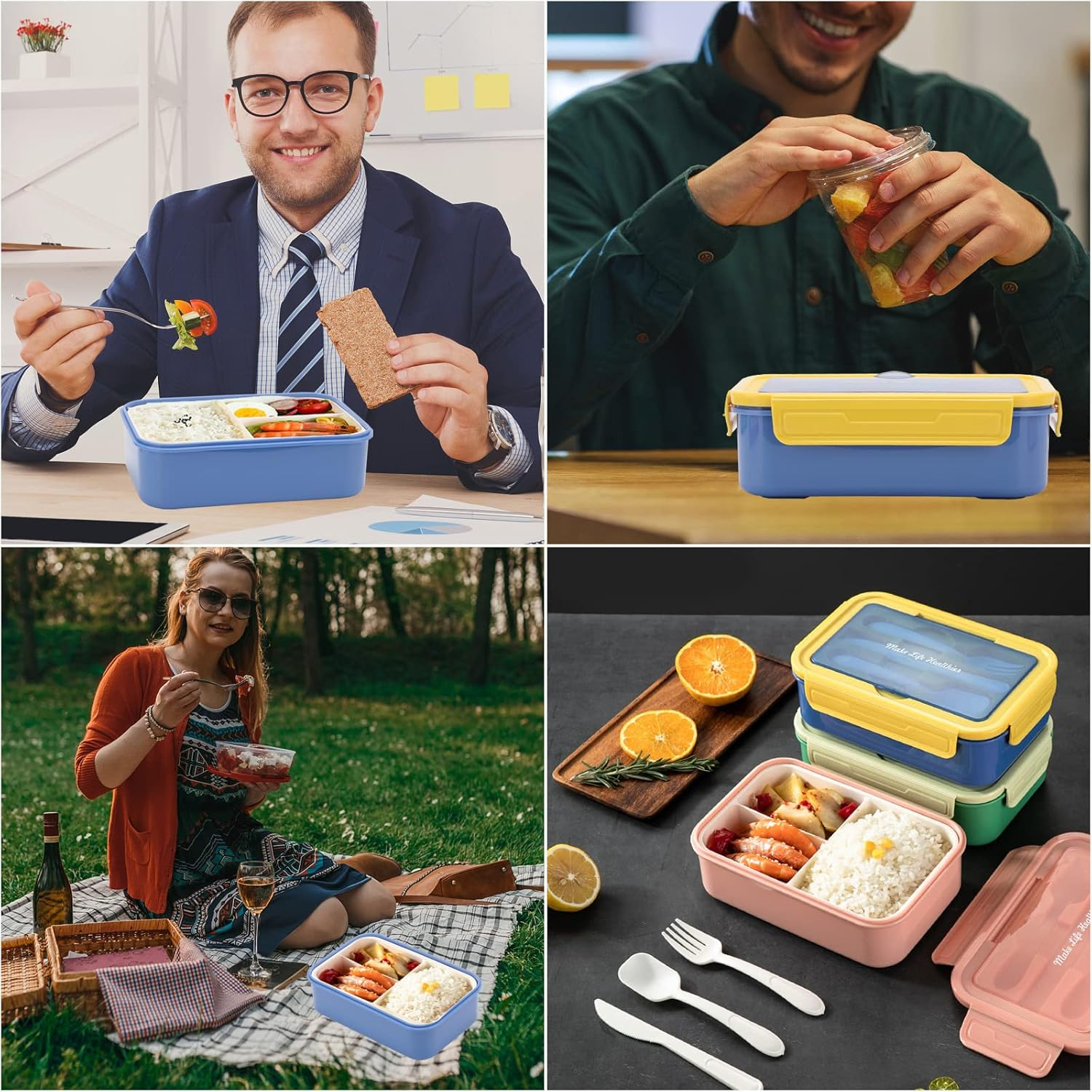 1100 ML 3-Compartment Bento Box Lunchbox with Utensil Set, Lunch Box Containers for Kids and Adults, Microwave/Dishwasher/Refrigerator Safe, BPA Free - Blue - Blue image number 5