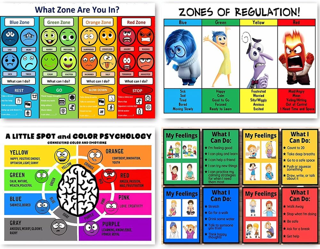 CULION Zones of Regulation Poster, Feelings Posters, Feelings Chart for Kids, Emotions Poster, Autism Sensory Products, Set of 4 (08&times;12Inch)