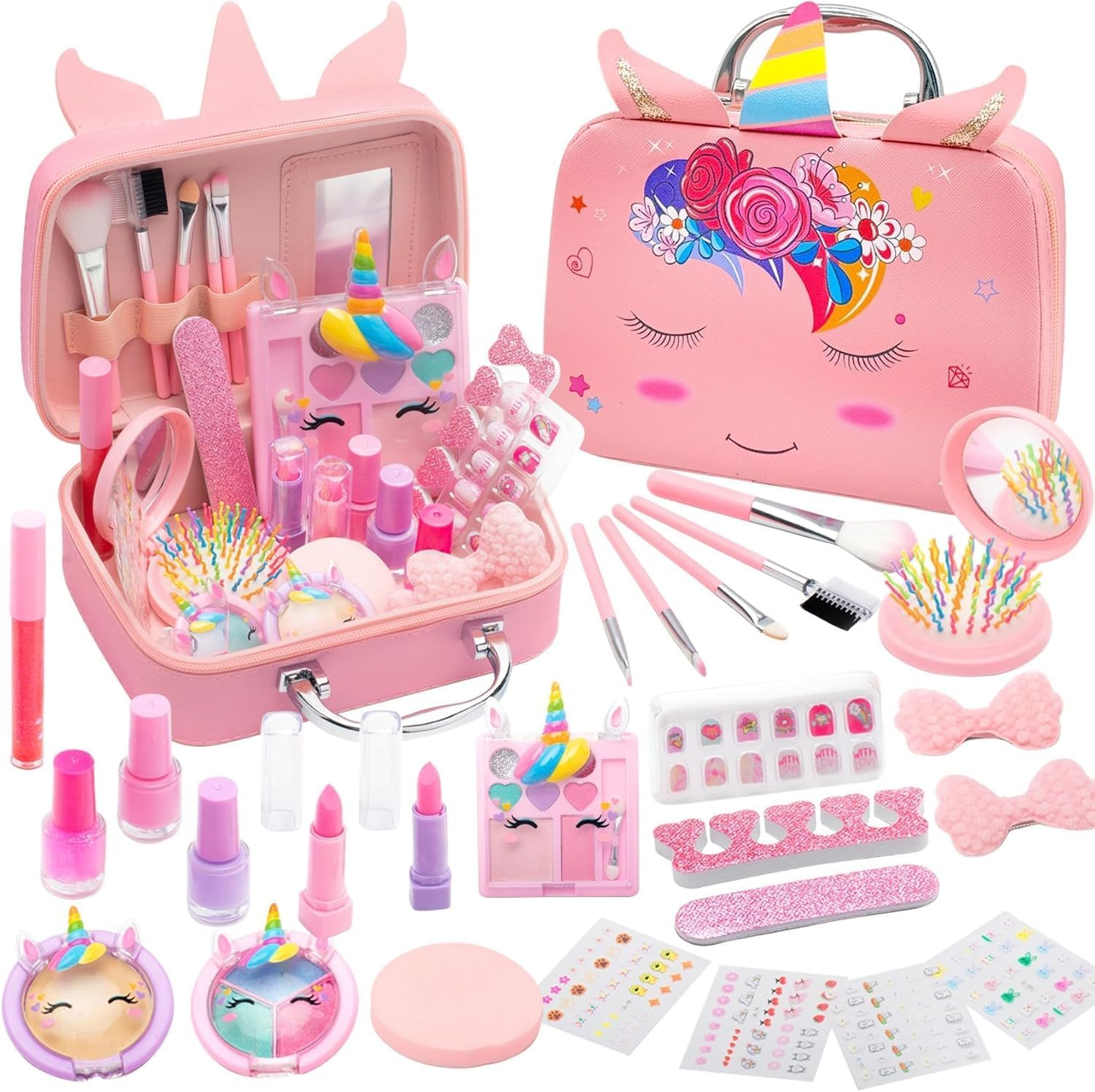 Kids Nail Polish & Makeup Kit for Girls - Washable, Non Toxic Pretend Play Toy Gift for Ages 3-12 | Girl Toys & Beauty Set (Pink)