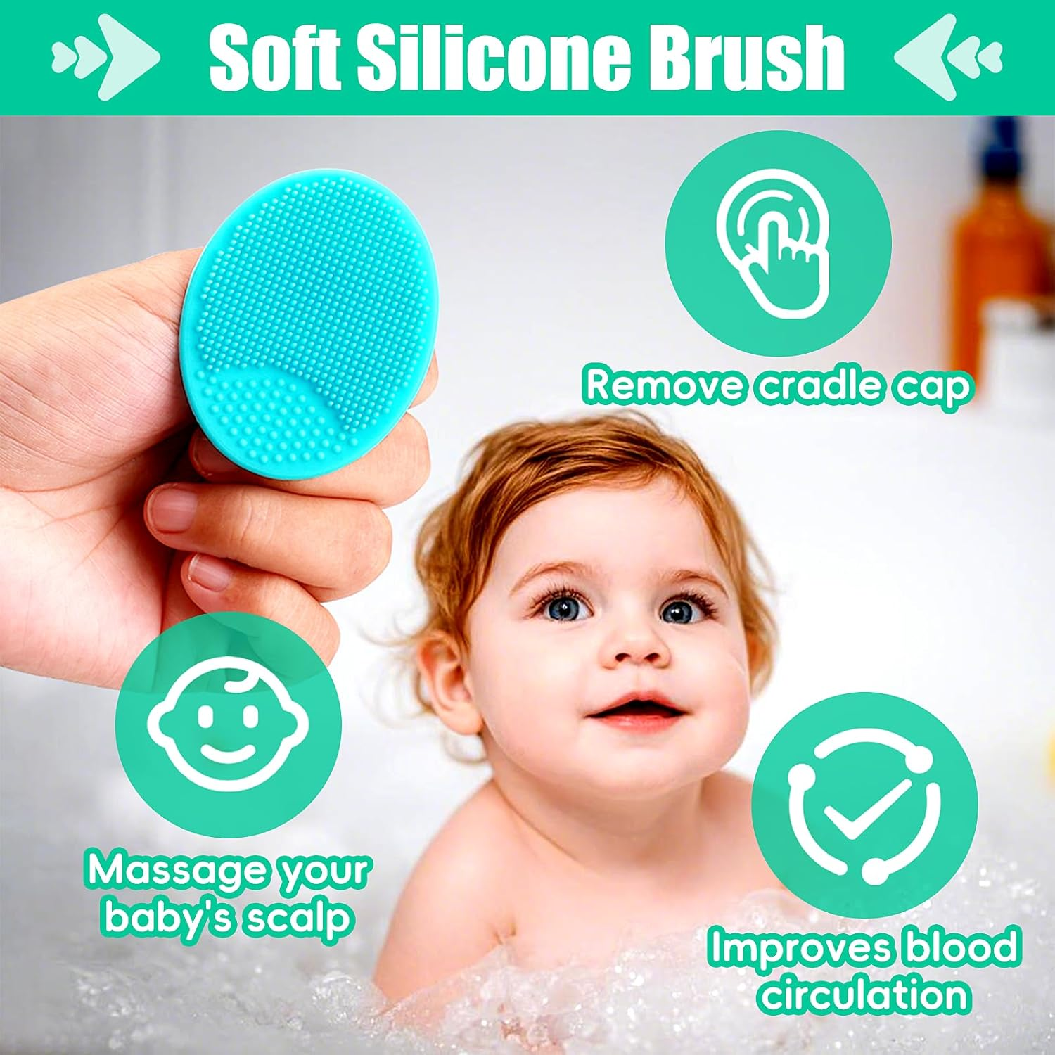 Cradle Cap Brush for Babies, 5Pcs Cradle Cap Treatment Set with Soft Bristle Brushes Silicone Scrubber Long Comb for Newborn Bathing Essentials Baby Brush and Comb Set (Green) image number 3
