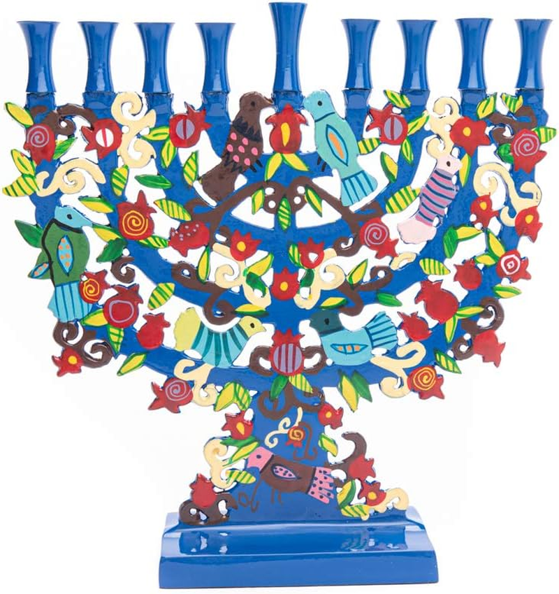 Yair Emanuel Large Blue Menorah with a Tree Design and Birds in Lazer-Cut Metal image number 2