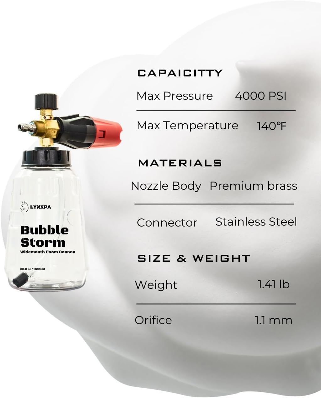 Bubble Storm Premium Foam Cannon for Pressure Washer, Wide Mouth, Adjustable Thick Foam Lance with 1/4 Inch Quick Connector for Car, Boat, and Home Wash, 4000 PSI, 34 Oz, 1.1Mm Orifice image number 5