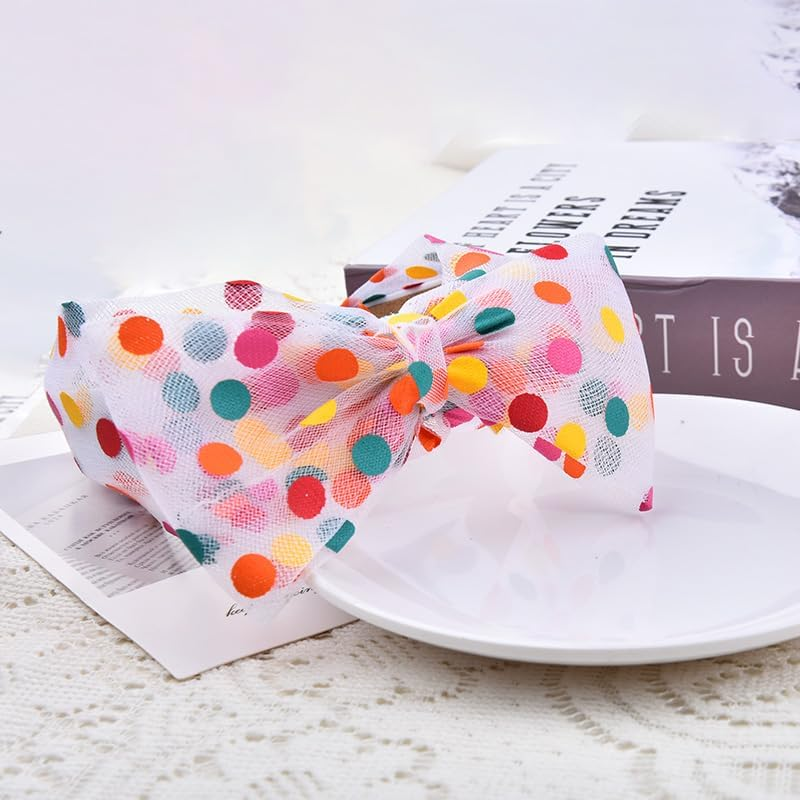 Rainbow Polka Dot Headband for Women Big White Knotted Bow Headbands with Polka Dots Headwrap Headwear Cute Hair Accessories for Girls Nonslip Wide Hairbands image number 2