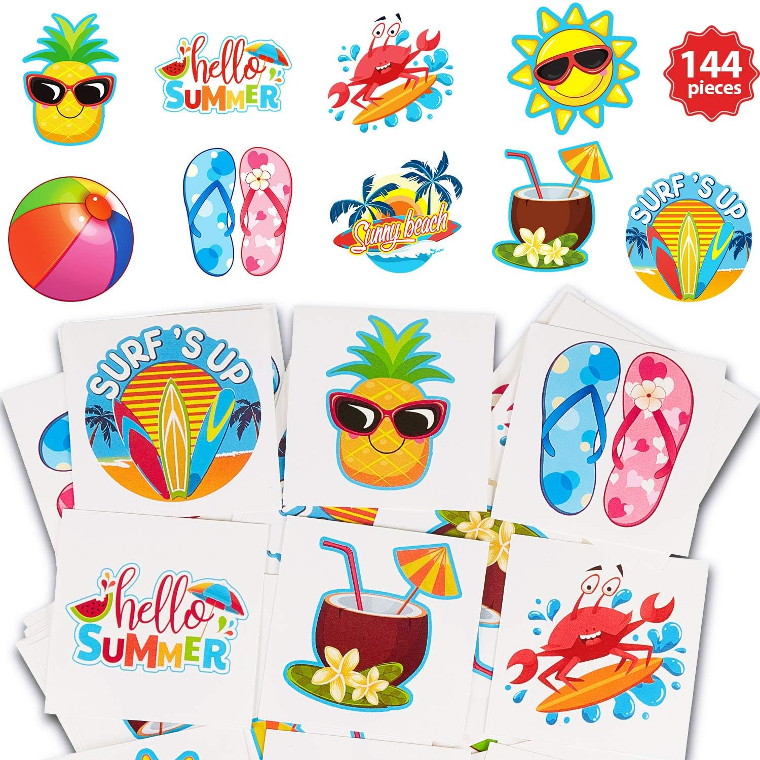144 Pieces Kids Tattoo Summer Party Tattoo Hawaiian Luau Themed Tattoos Tropical Beach Tattoos Waterproof Temporary Tattoos Stickers Party Decoration Supplies for Adults, 9 Styles image number 3