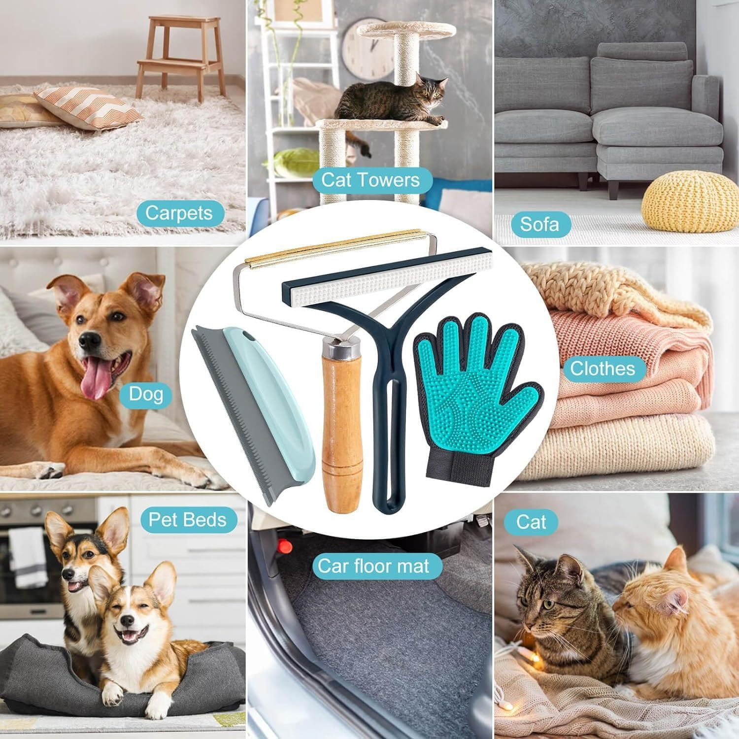 4In1 Pet Hair Remover Set,Pet Hair Removal Tool, Reusable Lint Remover Shaver Non-Damaging Fabric Carpet Scraper Pet Grooming Gloves for Carpets, Car Mat, Rugs,Couch,Pet Towers image number 2