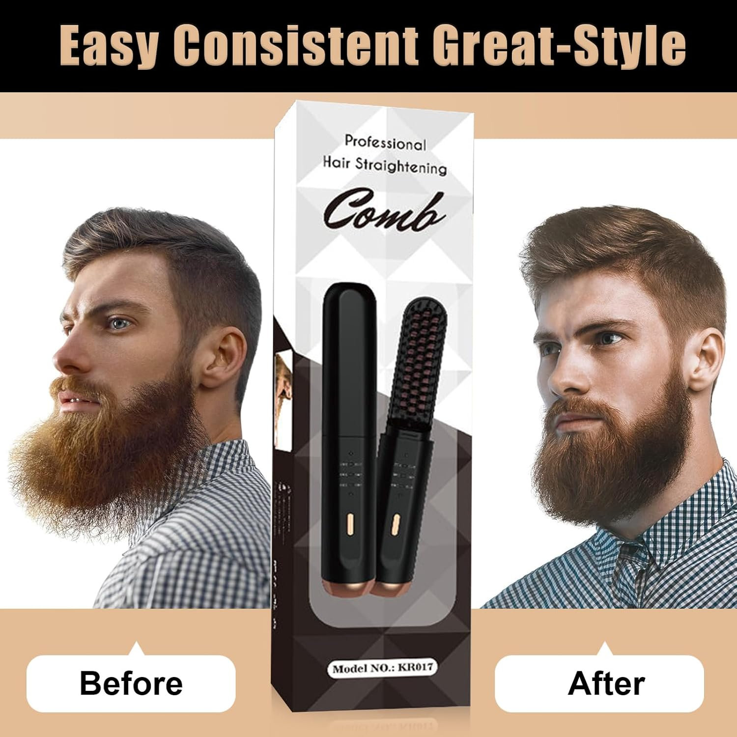 Hair Straightener Brush, Hair Iron with Built-In Comb,Wireless Heated Beard Straightener Comb with Ionic Technology, 3 Temperature Settings, Anti-Scald, Portable for Home Travel,Hair Straightener That Reduces Styling Time (Black Gold) image number 3