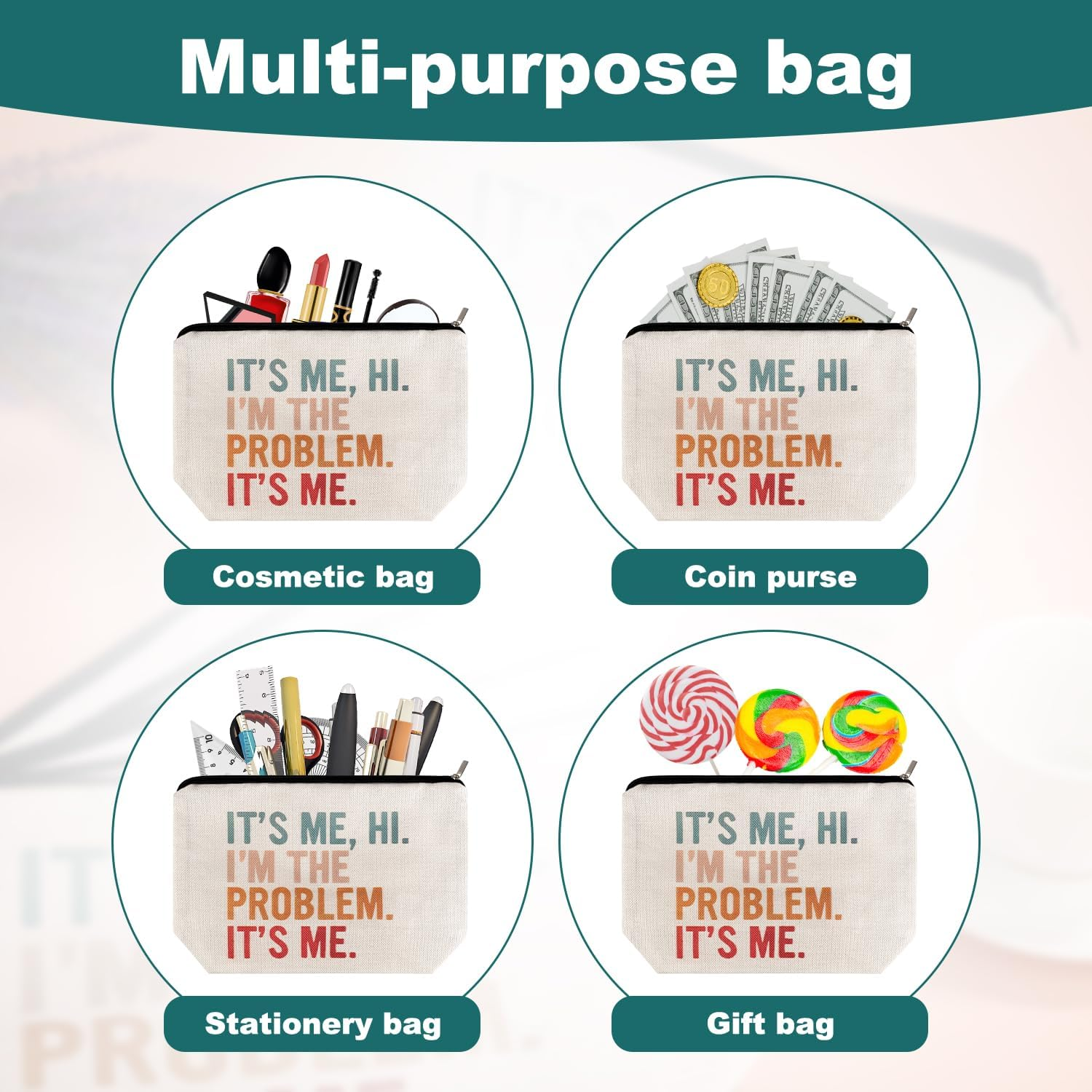 NQEUEPN It'S Me Hi I'M the Problem It'S Me Makeup Bag, 10.43X7.09 Inch Humor Cosmetic Bags with Zipper Beach Travel Pouch Funny Sarcastic Cosmetic Bag Goodie Bags for Women Bestie Gift, White, M image number 2