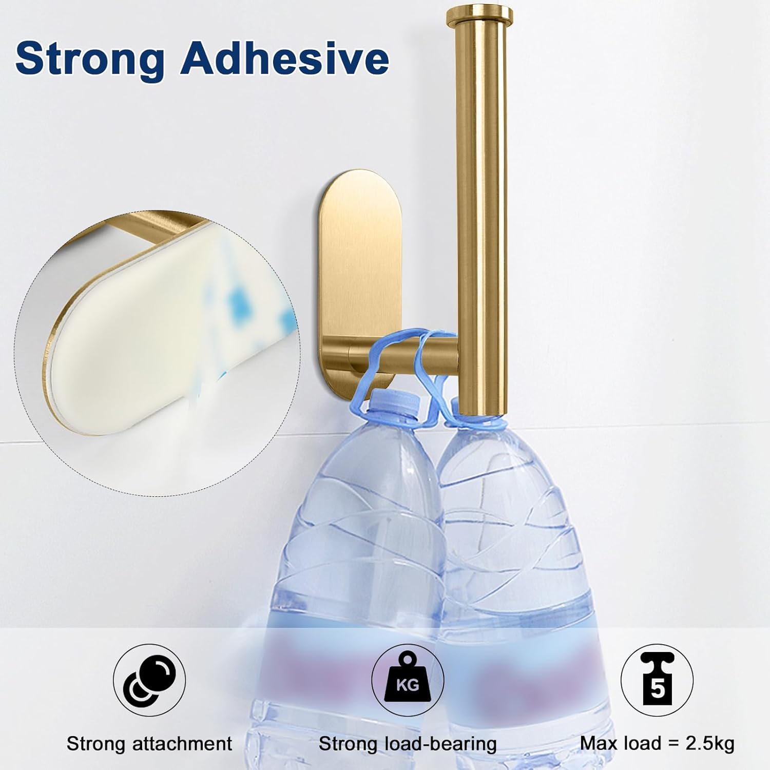 Nearmoon Toilet Paper Holder Self Adhesive, Premium Thicken SUS304 Stainless Steel Rustproof Adhesive Toilet Roll Holder No Drilling for Bathroom, Kitchen, Washroom (3 Pack, Brushed Gold) image number 2