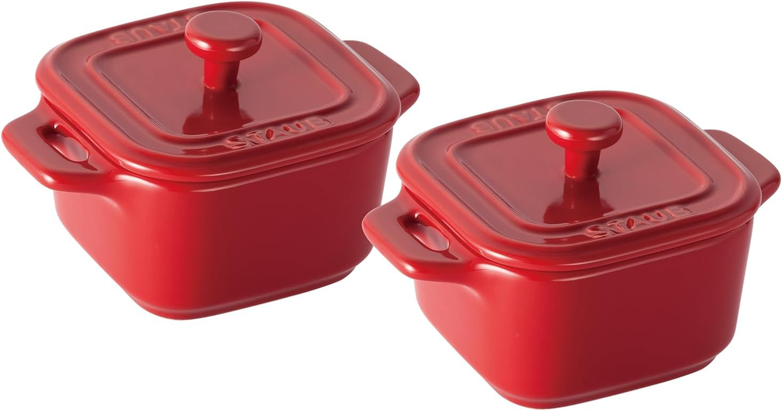 Staub La Cocotte Square 40511-098 Square Cocotte Pair Cherry 3.1 Inches (8 Cm) Ceramic Heat Resistant Storage Container, Microwave Safe