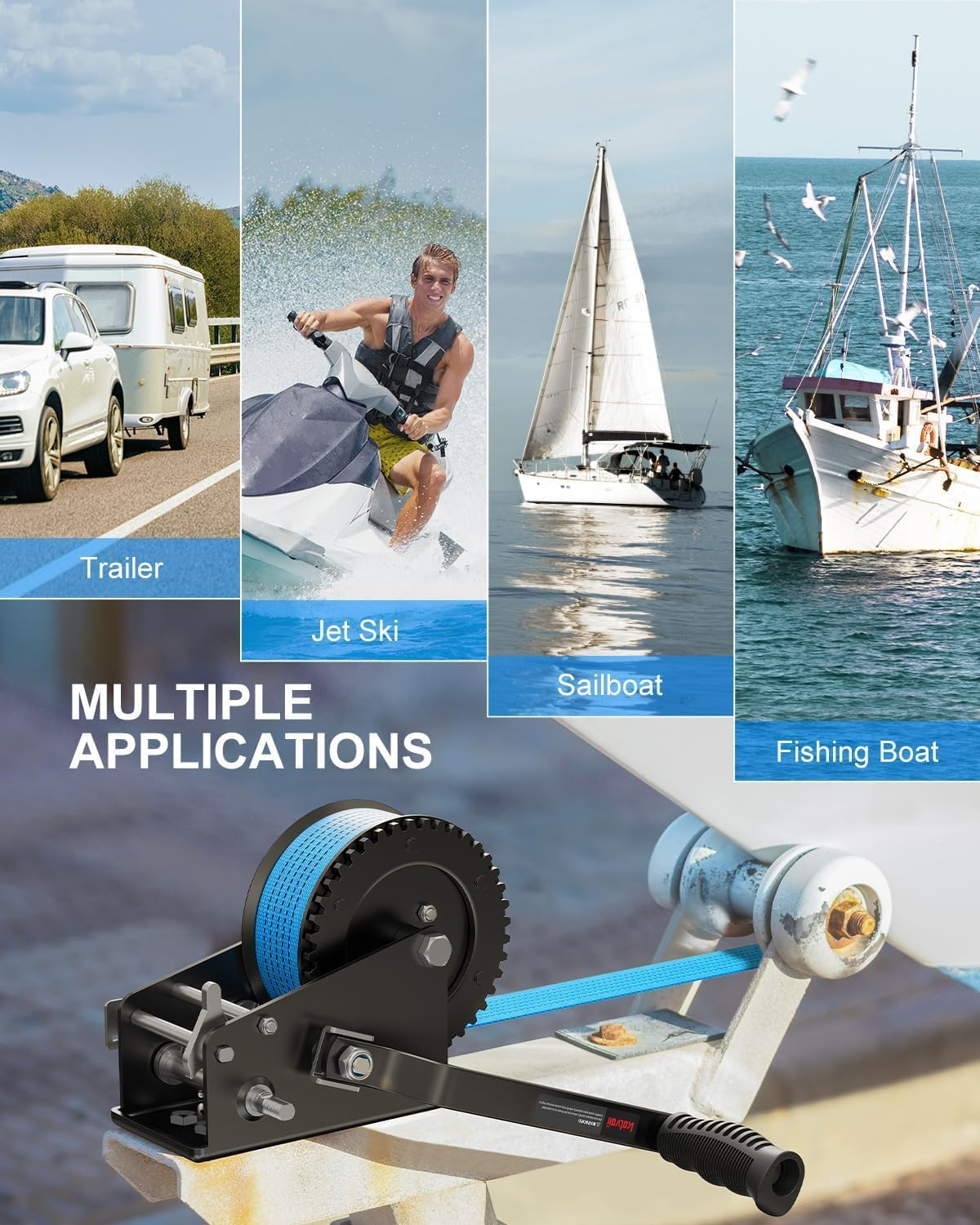 Boat Trailer Winch 3500Lbs/1587Kg with 33Ft(10M) Polyester Strap, Hand Winch Heavy Duty Hook and Comfortable Handle Two Way Ratchet and Two Speed Switchable for Boat Jet Ski Trailer Marine image number 4