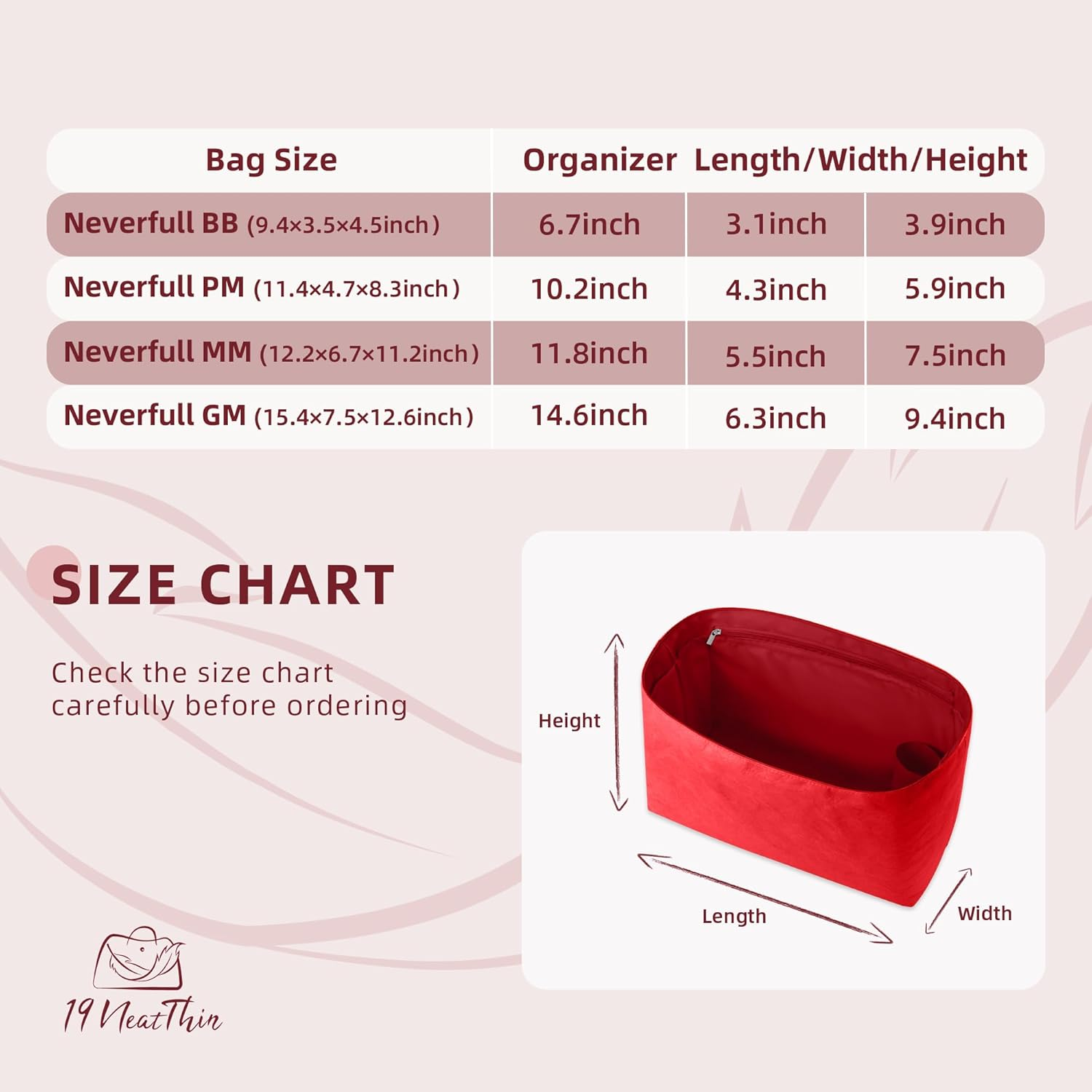 19 Neatthin Lightweight Purse Insert, Waterproof Surface and Silky Satin Lining, Fit for LV Neverfull GM (With Zipper and Bottle Holder, Ruby) image number 5
