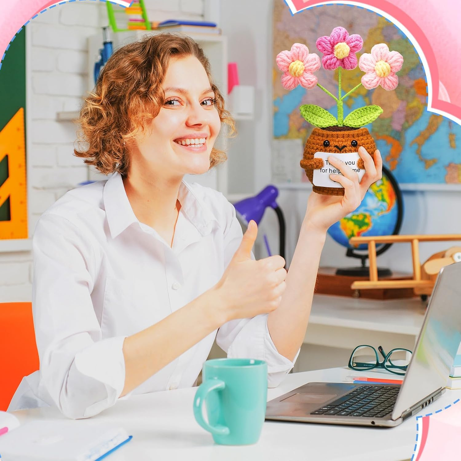 3 Pcs Emotional Support Plush Flowers Positive Crochet Potted with Card Thank You for Helping Me Grow Teacher Thank You Gifts for Birthday Home Office Decor(Puff Flower) image number 3