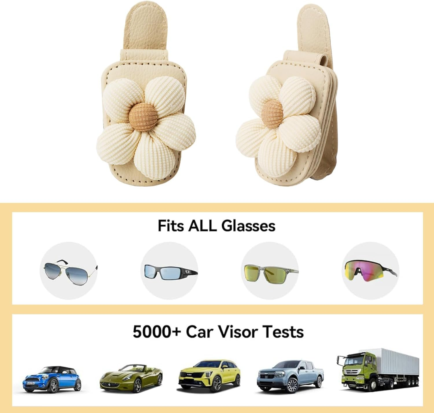 2 Pack Flower-Shaped Sunglass Holder for Car Visor &ndash; Beige Magnetic Leather Glasses Clip, Eyeglass Holder & Ticket Card Organizer, Universal Car Interior Accessory image number 4