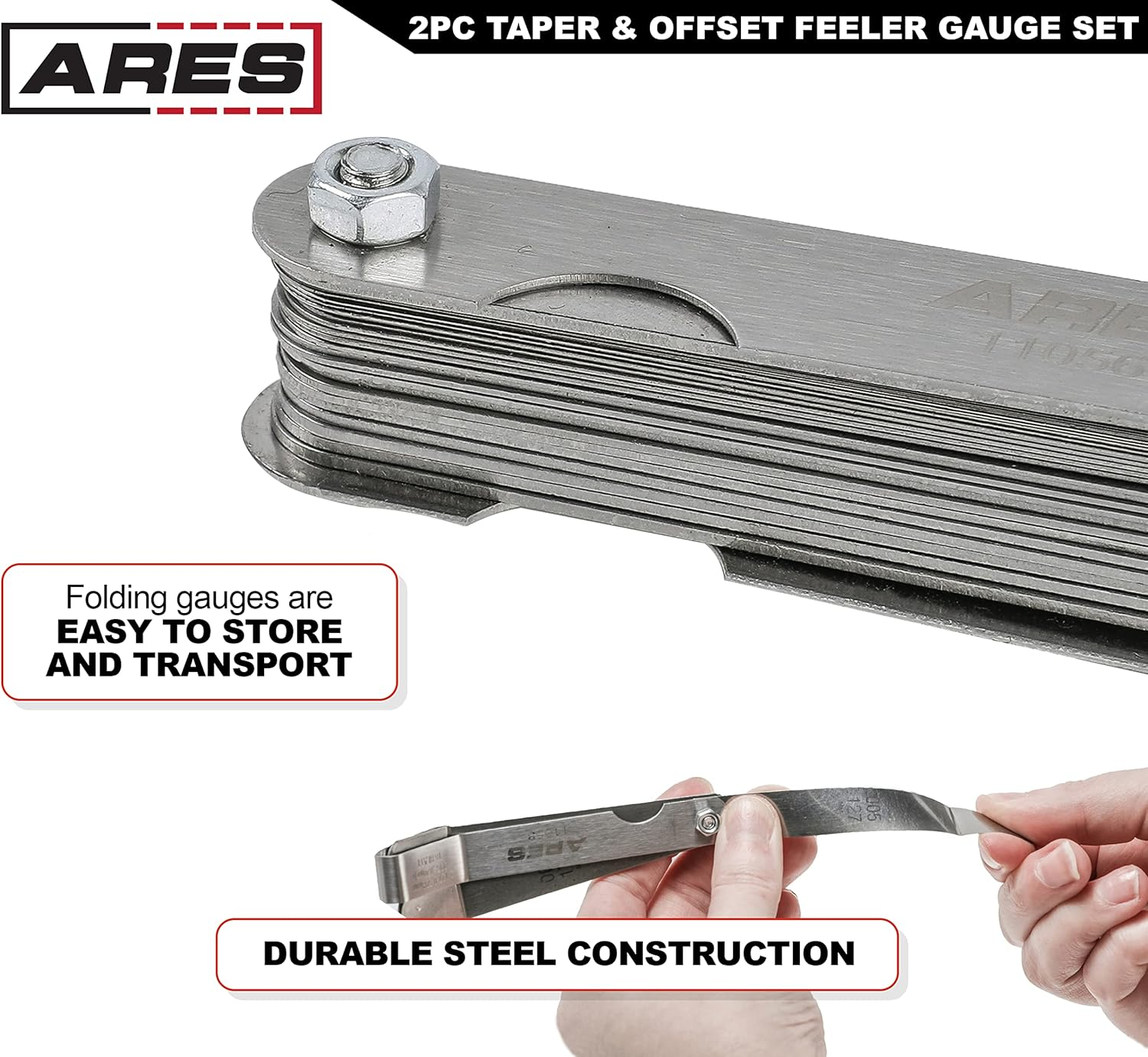 ARES 11042-2-Piece Tapered Feeler Gauge and Offset Feeler Gauge Set - Tapered Gauge Has 32 Dual-Marked SAE & Metric Sizes - Offset Has 16 Dual-Marked Sizes - Precisely Measure Mechanical Clearances image number 3
