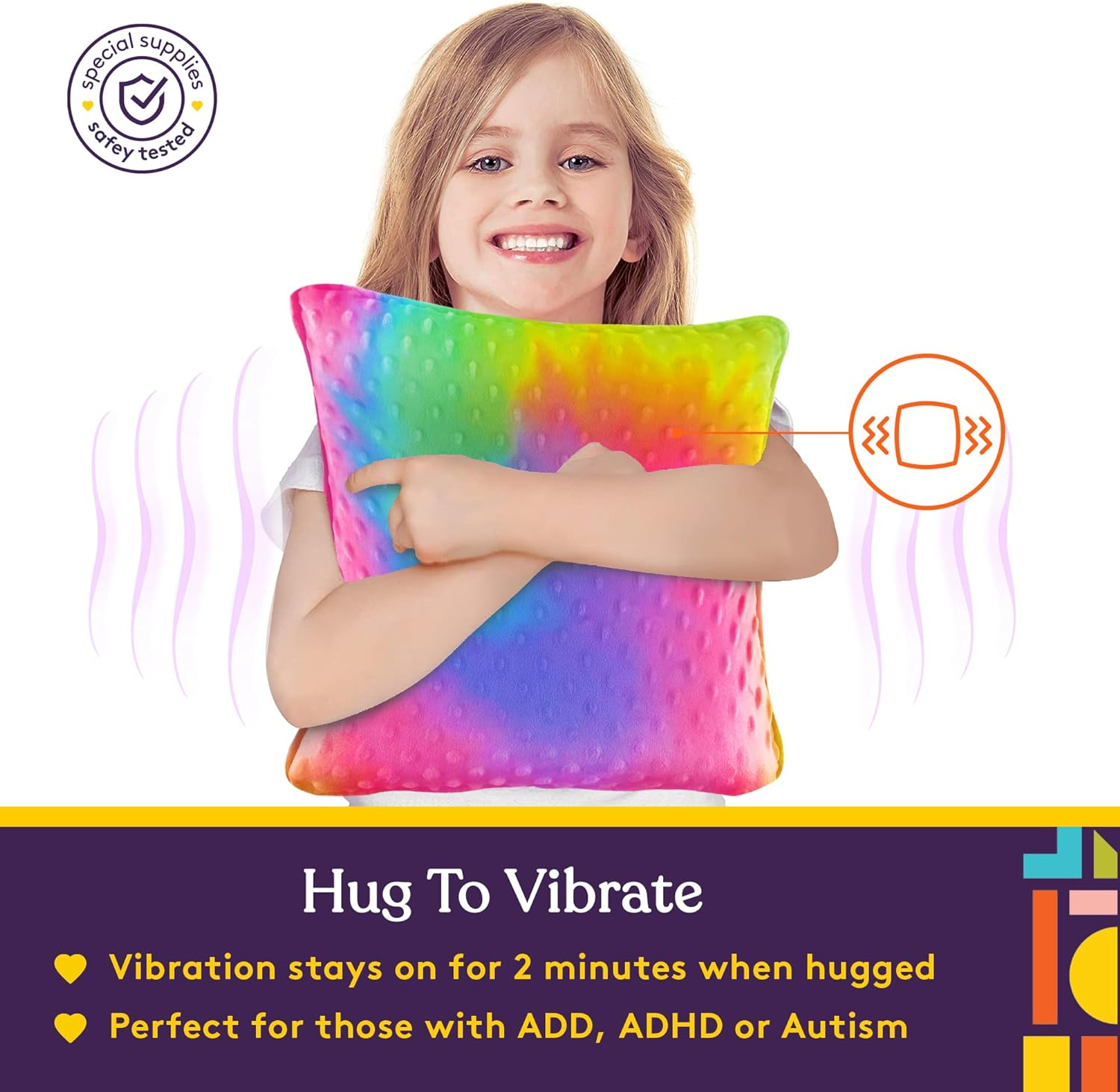 Special Supplies Vibrating Pillow Sensory Pressure Activated for Kids and Adults, 12&rdquo; X 12&rdquo; Plush Minky Soft Cover, Colorful image number 5