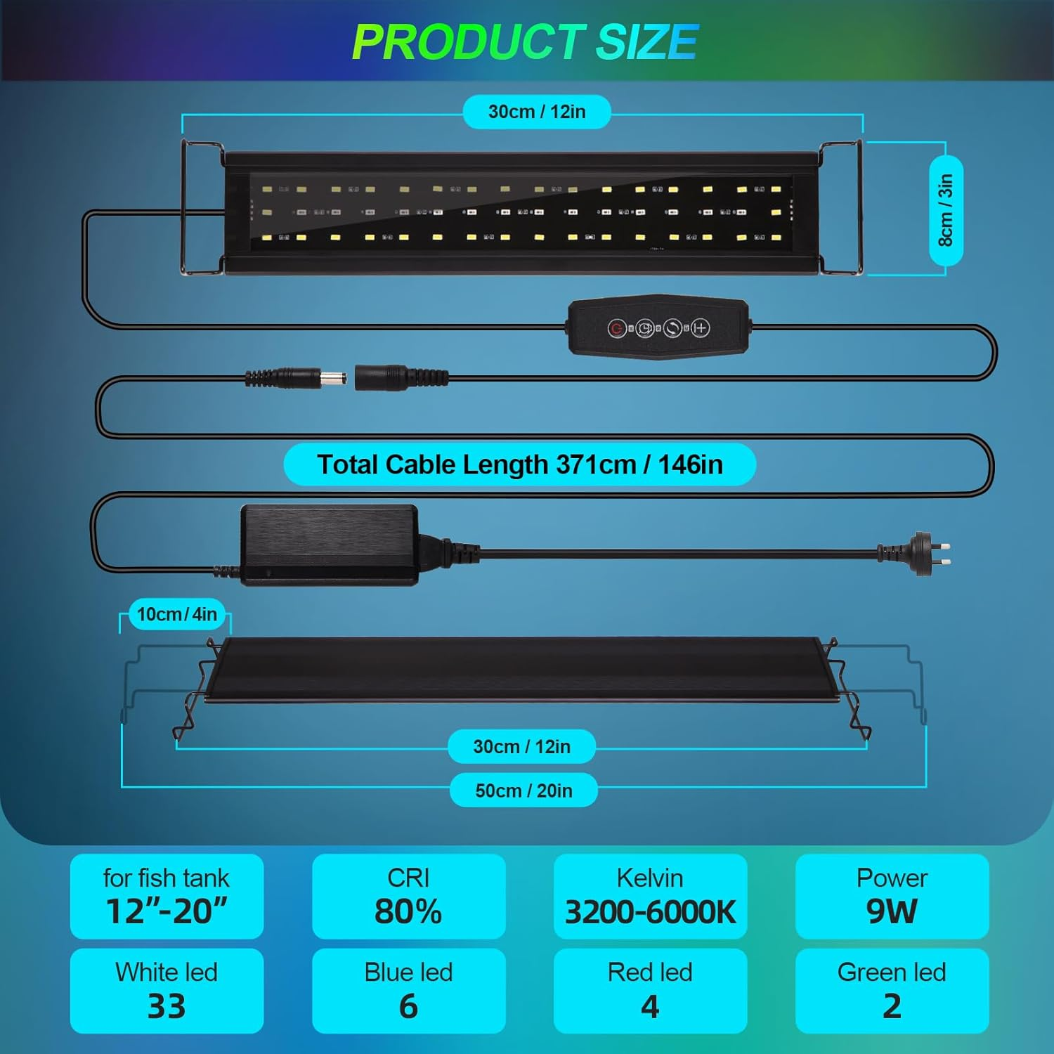 Aquarium Light, Full Spectrum Fish Tank Light with Timer Daylight Moonlight Mode, Alu Alloy Shell Extendable Brackets Fish Lamp for Freshwater Planted Tank (9W (30-50CM)) image number 4