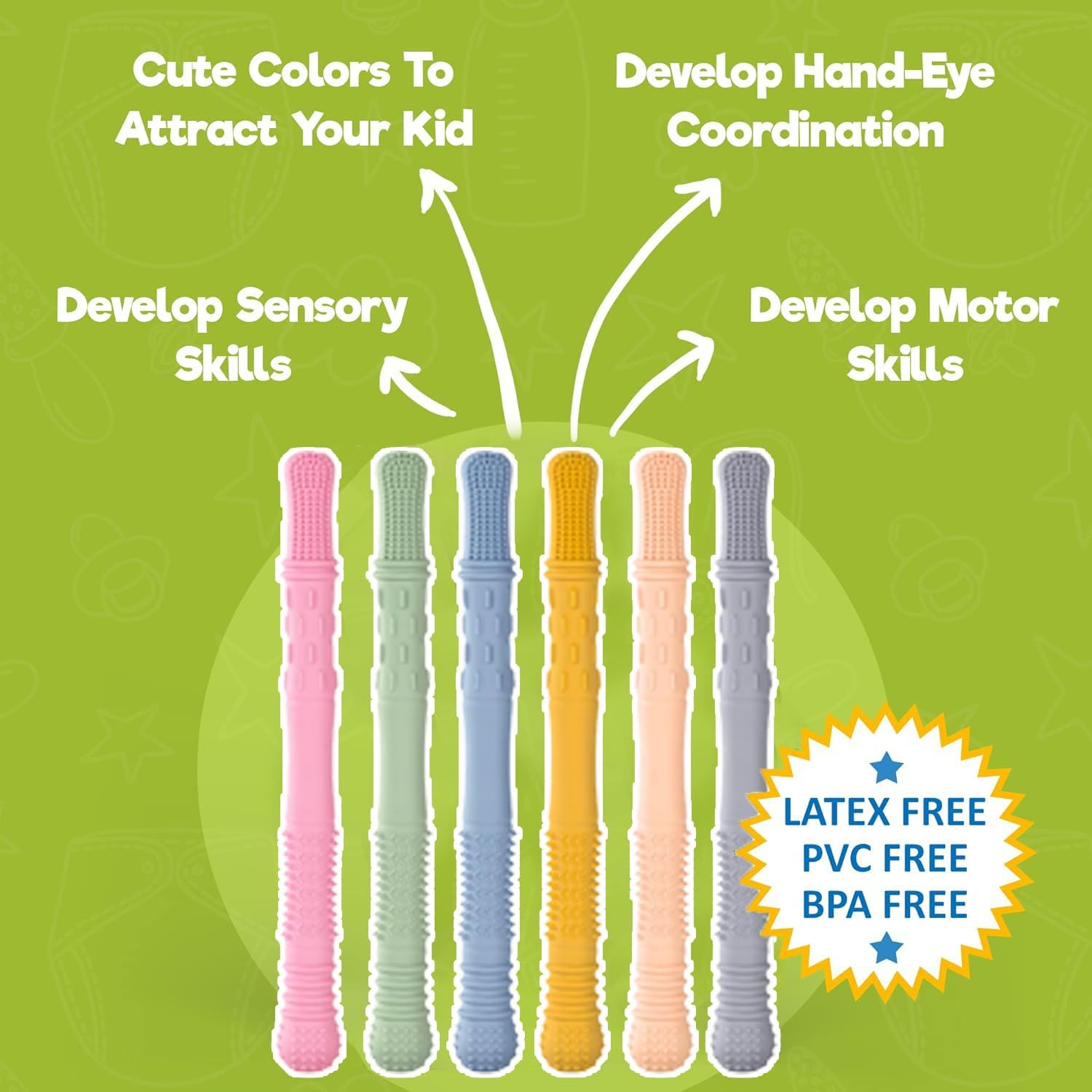 6-Pack Hollow Teether Tube & Chew Straw Sensory Toy - Silicone Teething Toys for Babies 0-36 Months | Bpa-Free, Freezable & Textured for Soothing Gums | Infant Developmental Learning Toys, On-The-Go Gift image number 4