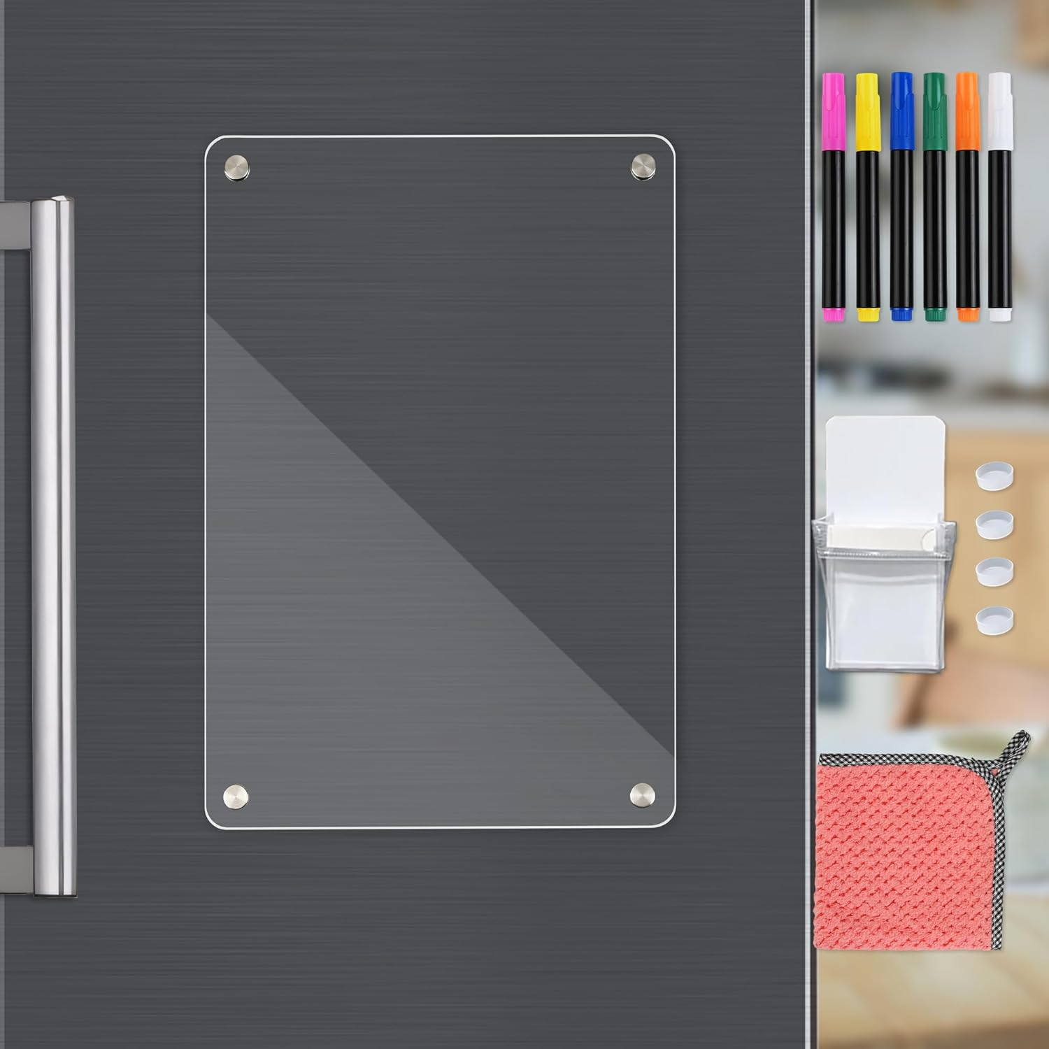 Acrylic Fridge Planner, 30 X 20 Cm Magnetic to Do List, Weekly Meal Planner Magnetic Fridge, Including 6 Wet Erase Markers, Marker Holder, Silicone Pads and Wipe Cloth. - 33 X 22 Cm Weekly Planner  Memo image number 4