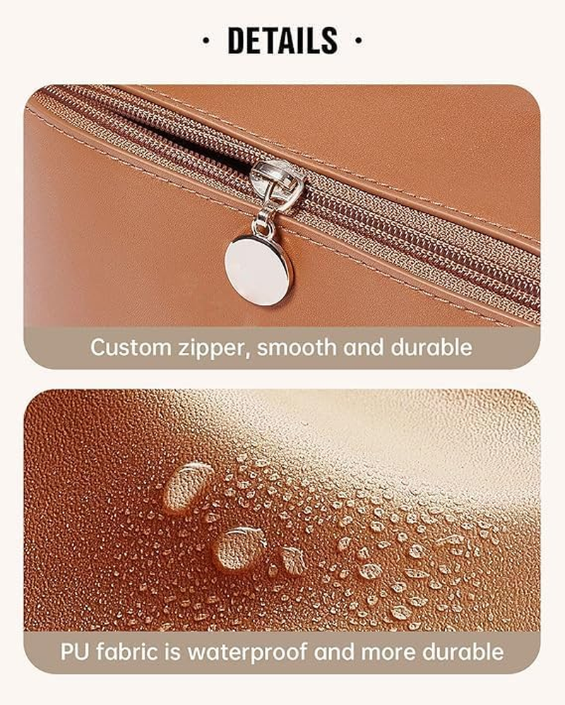 Travel Makeup Bag,Large Capacity Cosmetic Bags for Women,Waterproof Portable Pouch Open Flat Toiletry Bag Make up Organizer with Divider and Handle (Brown) image number 4