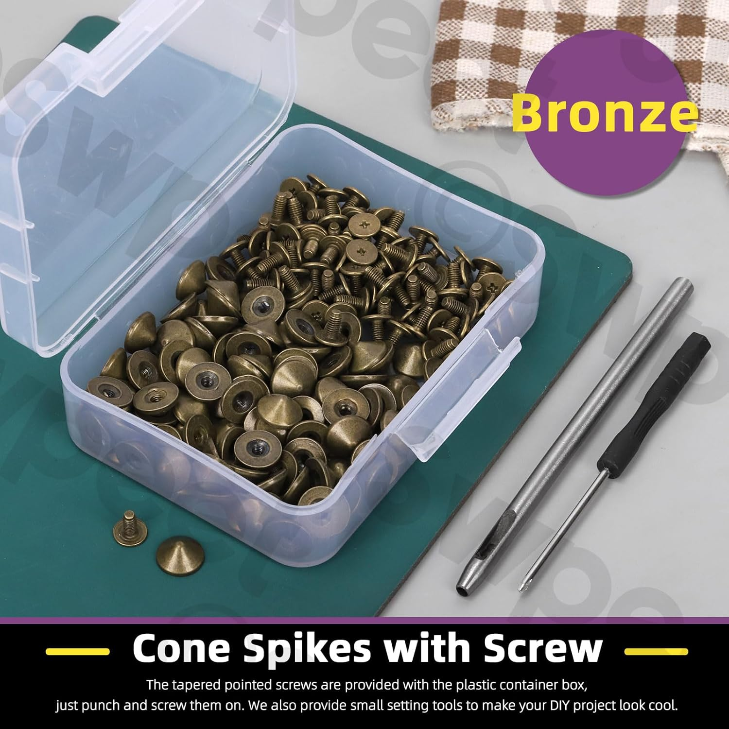 Swpeet 102Pcs Bronze Color Cone Spikes and Studs Kit with Hole Punch and Screwdriver, Back Leather Craft Rapid Rivet Screws, Spikes Bullet Cone Spikes Screw for Clothing Shoes Leather Craft image number 1