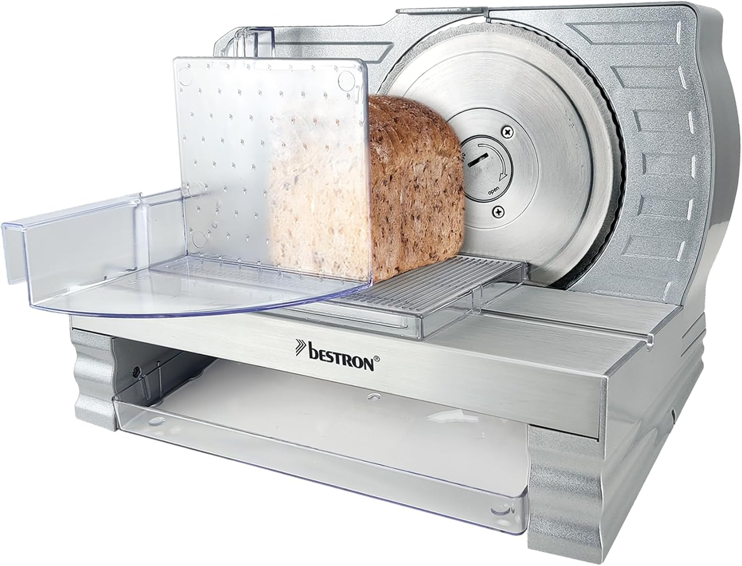 Bestron Bread Slicer with Stainless Steel RSG Blade, Made in Germany, Continuous Cutting Thickness Adjustment from 0 to 20 Mm, Cutter with Shift Button for Automatic and Manual Operation,