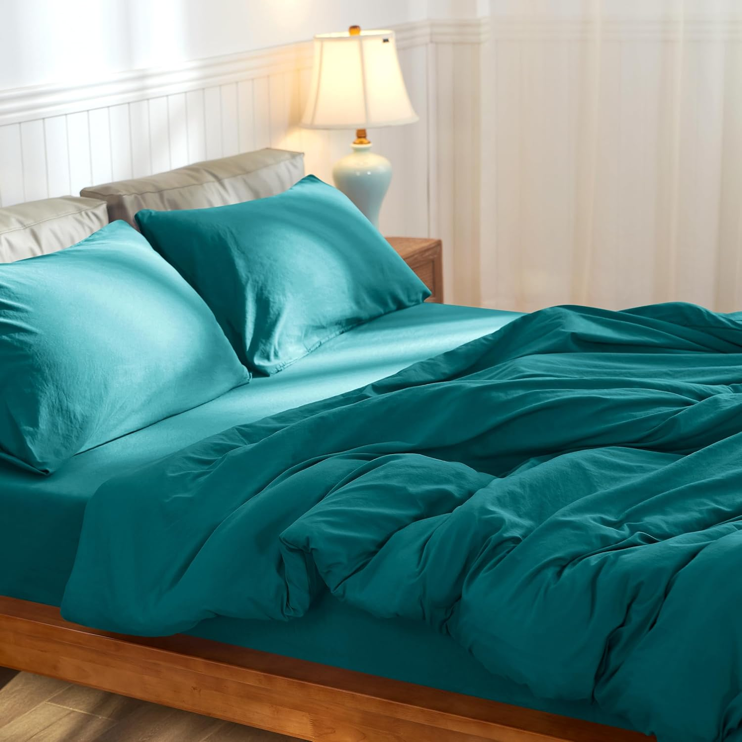 CHUN YI Kingsize Duvet Cover Sets, 100% Washed Microfiber Plain Bedding Duvet Covers Set with Zipper Closure & 8 Corner Ties, Breathable & Ultra Soft Duvet Cover with Pillowcases (Teal Green, King) image number 3