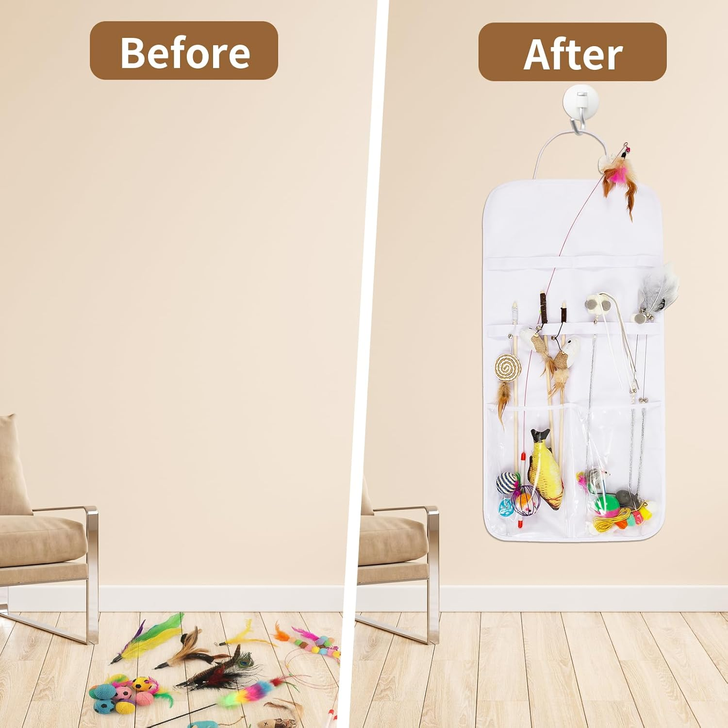 Cat Wall Toy Storage Bag Cat Teaser Wall Holder with Thick Felt for Tidy Organisation of Cat Toys and Cats Safe image number 2