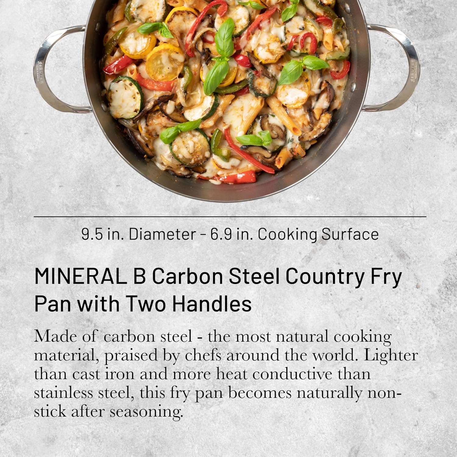 De Buyer Mineral B Carbon Steel Country Fry Pan with 2 Handles - 9.5&rdquo; Diameter, 6.9&rdquo; Cooking Surface - Ideal for Sauteing, Simmering, Deep Frying, Stir Frying - PFAS, PFOA, PFOS Free - Made in France image number 2