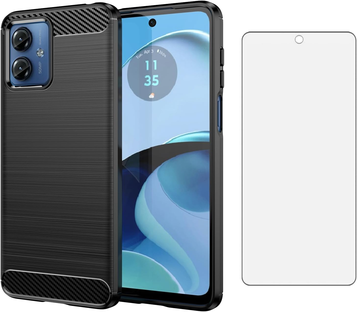 Asuwish Phone Case for Motorola Moto G14 with Tempered Glass Screen Protector Cover and Cell Accessories Silicone Rubber Slim Thin Soft TPU Protective Hybrid Motog14 G 14 Women Men Carbon Fiber Black image number 1