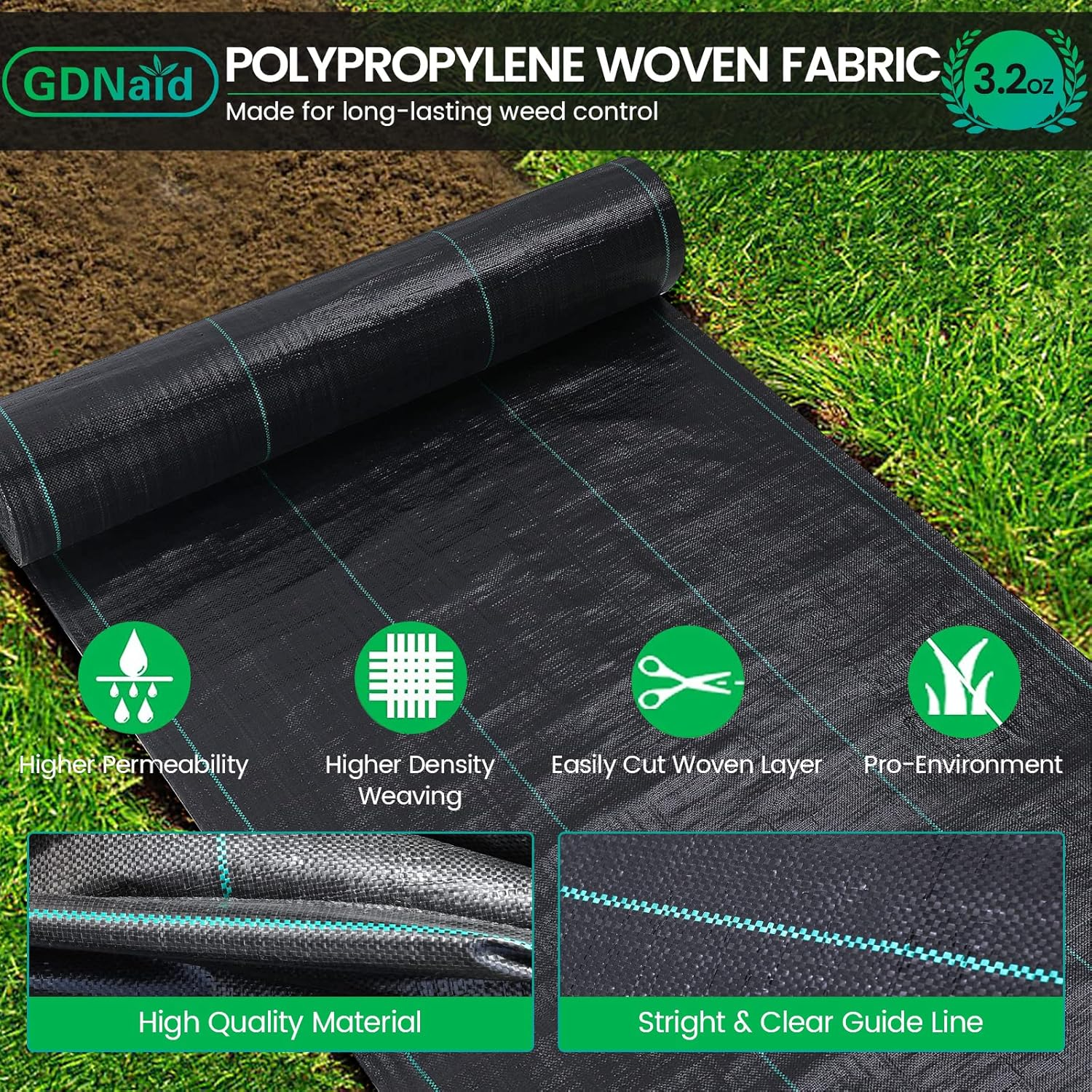 Gdnaid 3Ftx100Ft Weed Barrier Landscape Fabric Heavy Duty, 3.2Oz Weed Barrier Fabric, Easy Setup Woven Garden Landscaping Fabric image number 6