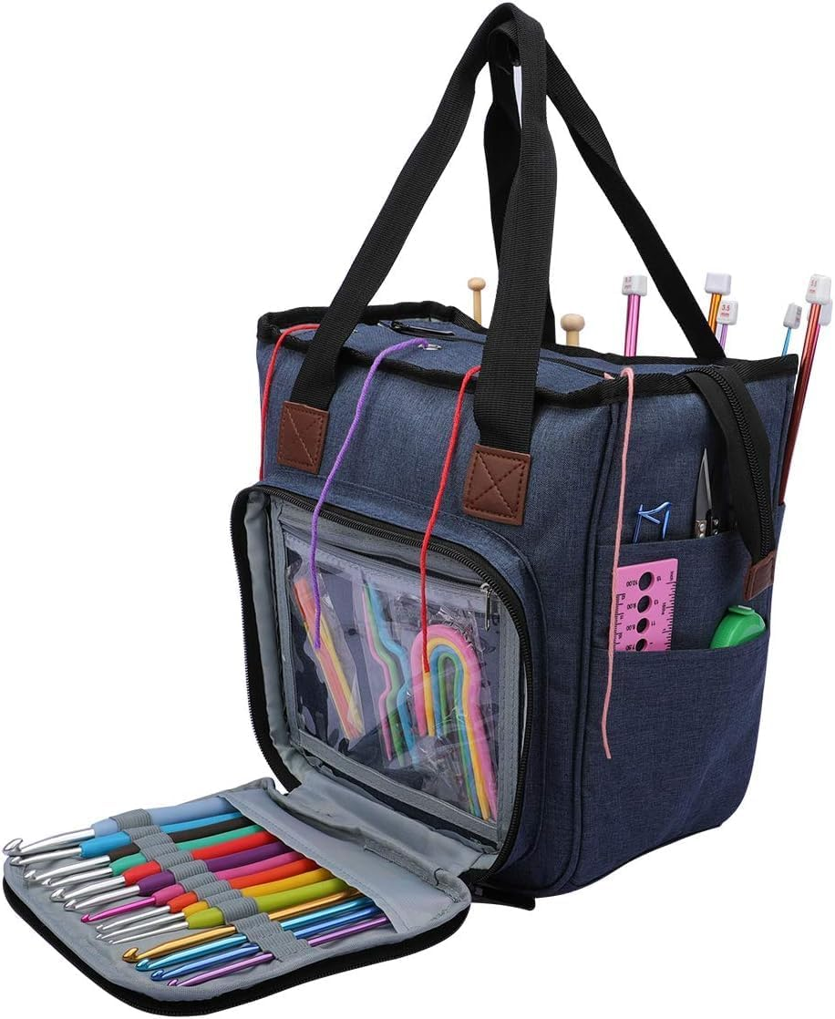 Knitting Bag Yarn Storage Organizer, Portable Knitting Tote Basket Yarn Bags for Crochet Hooks, Crocheting Kit, Knitting Needles, Yarn Balls, Project & Sewing Supplies (Navy)