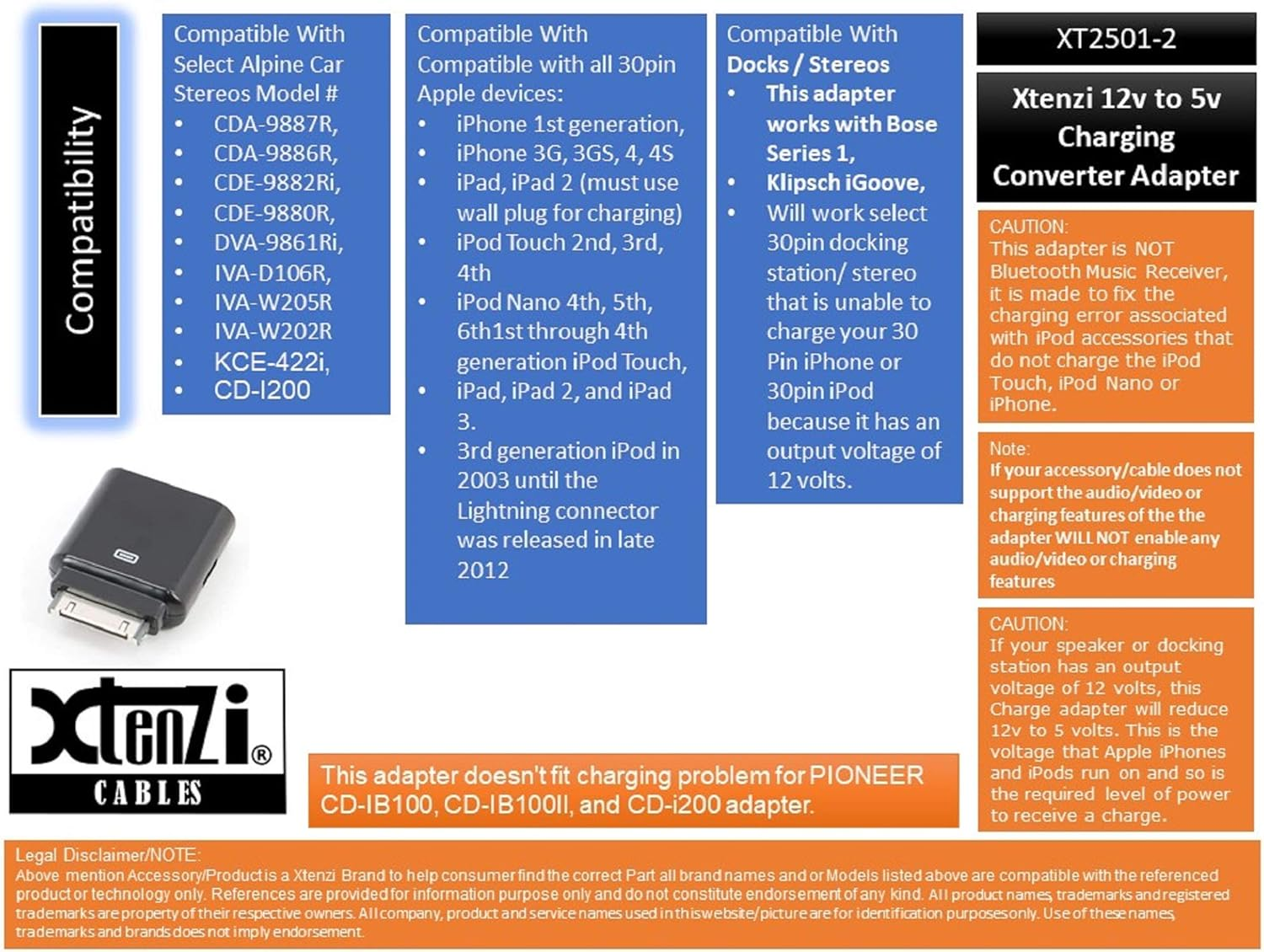 Xtenzi Charging Converter 30 Pin Pass through Adapter XT12V5 Compatible with Ipod Iphone Ipad Car Vehicle image number 2