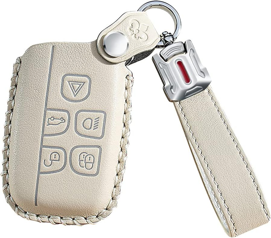 Ontto Leather Car Key Fob Cover Keyring for Land Rover Defender Discovery Evoque LR4 Range Rover Sport Jaguar 5-Buttons Accessories Key Case Keychain Remote Key Shell Key Holder Protector Beige A image number 3