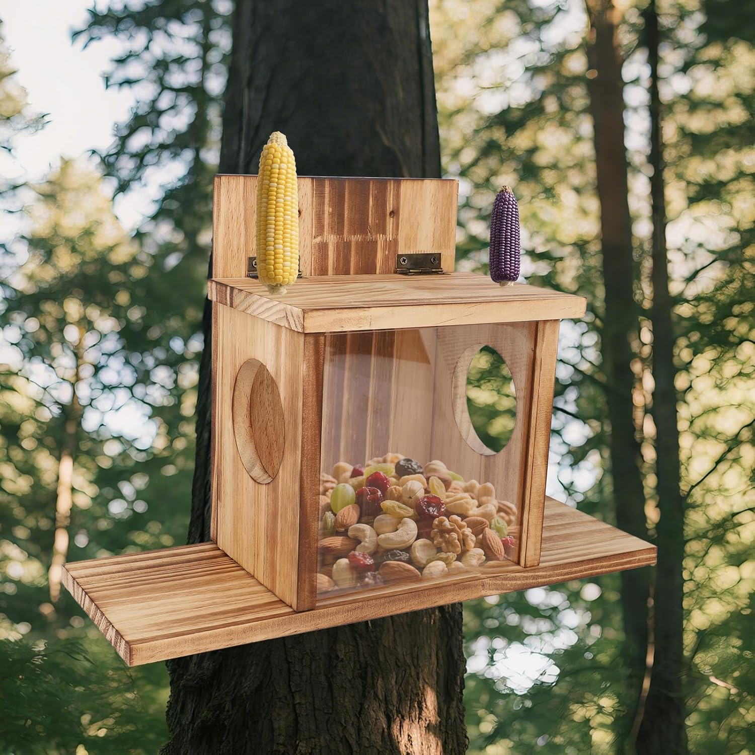 Lasuroa Wooden Squirrel Feeder, Wooden Squirrel Chipmunk Feeder for outside with 2 Feeding Windows for Holding Corn Peanuts Pine Nuts Corn Cobs Durable Box with Transparent Removable Front Panel image number 5