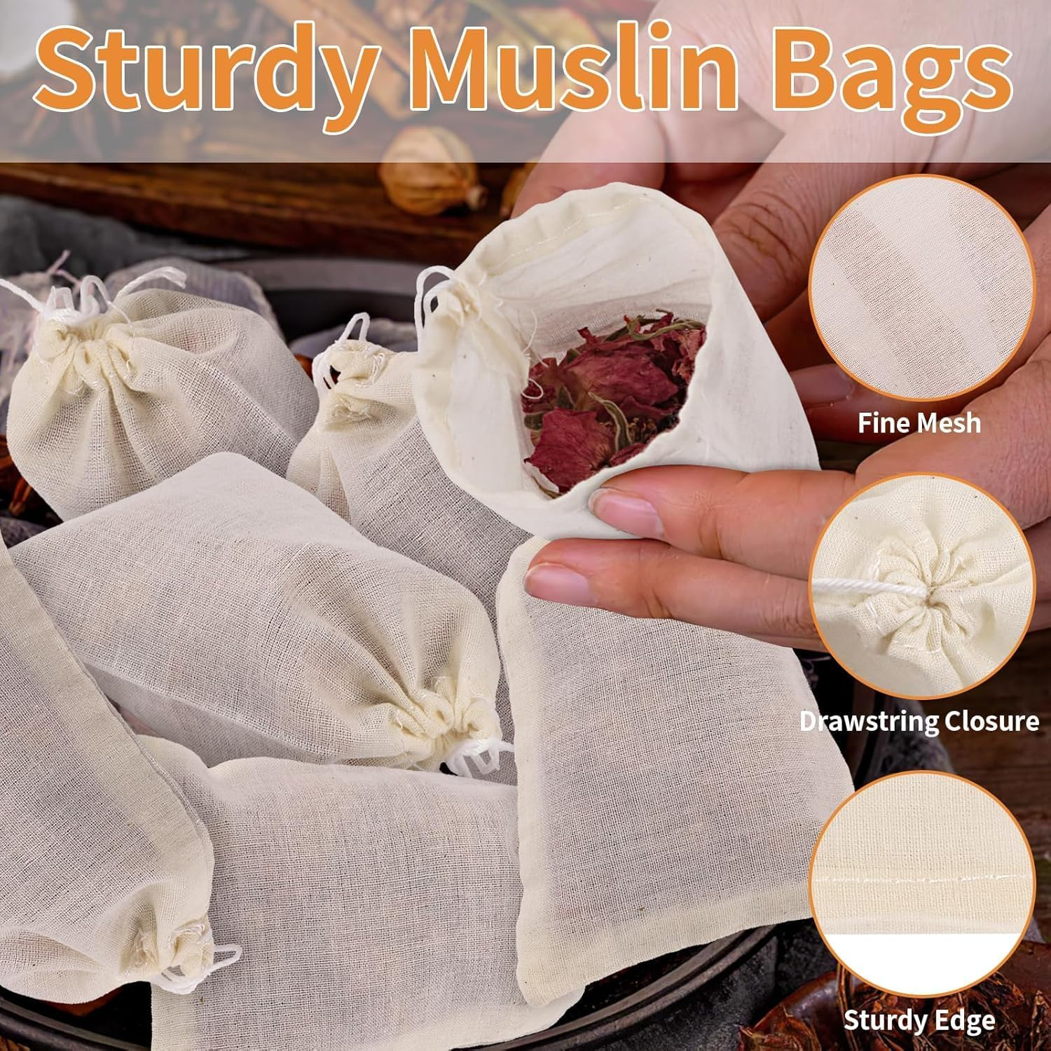 40 Pcs Reusable Muslin Spice Bags &ndash; 10X15 CM Natural Cotton Drawstring Bags for Cooking, Soup, Tea, Straining, and Herb Sachets, Unbleached Cheesecloth for Loose Tea and Cheese image number 3
