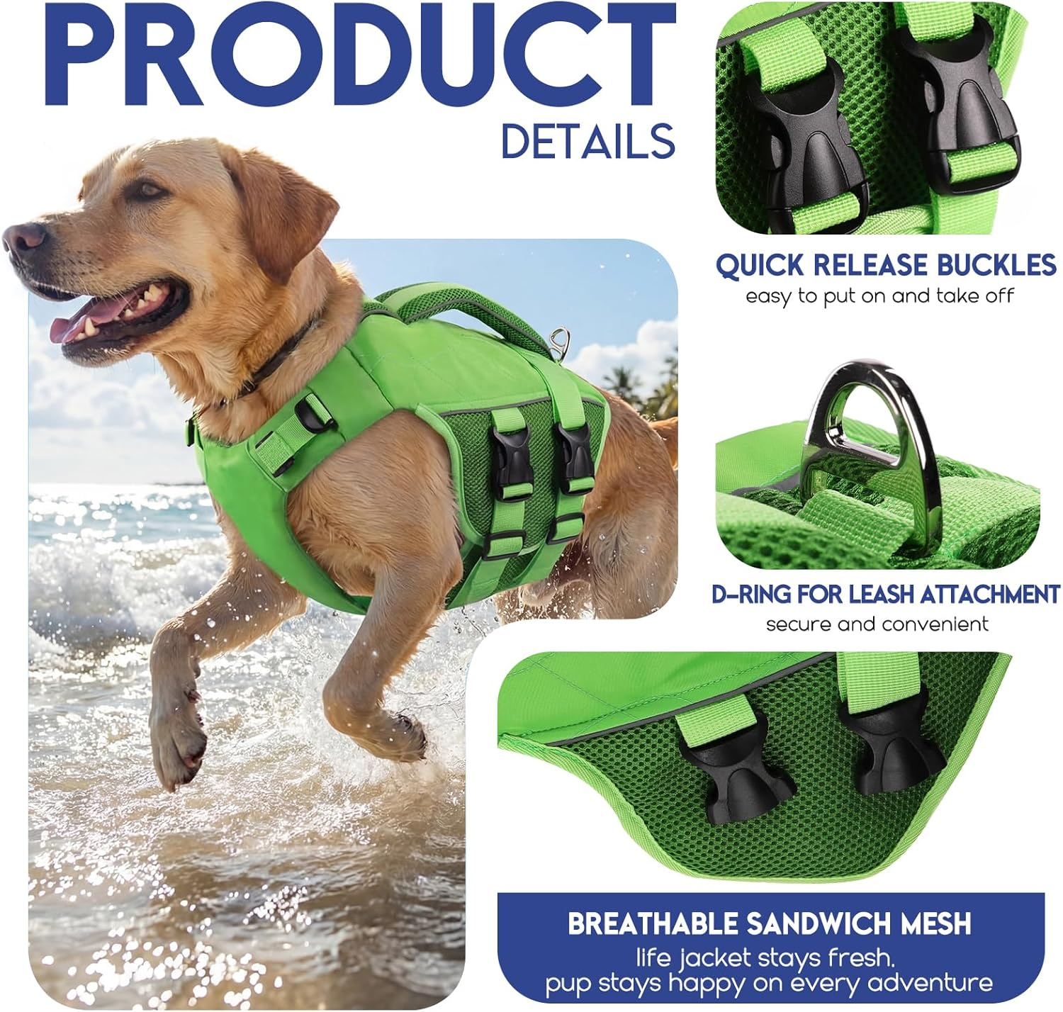 ASENKU Dog Life Jacket - Pet Safety Vest for Swimming & Boating, Shark Life Jacket with Floatation, Dog Lifesavers Swimsuits for Small Medium Large Dogs (Green, XS) image number 1