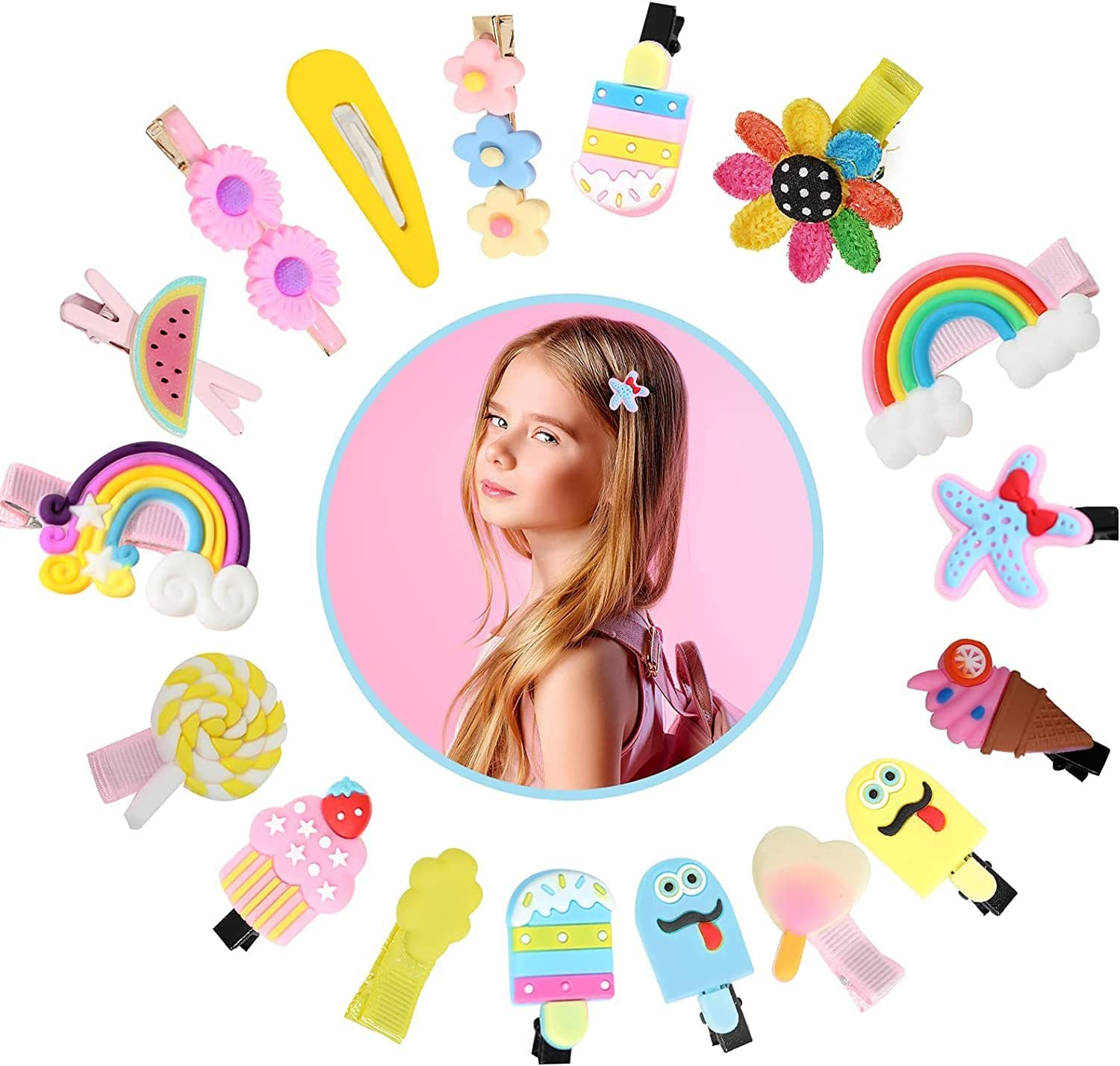 38Pcs Baby Girls Hair Clips, Betterjonny Fully Lined Alligator Hair Rainbow Accessories Cute Cartoon Fruit Dessert Barrettes for Toddlers Girl Teens Kids image number 1