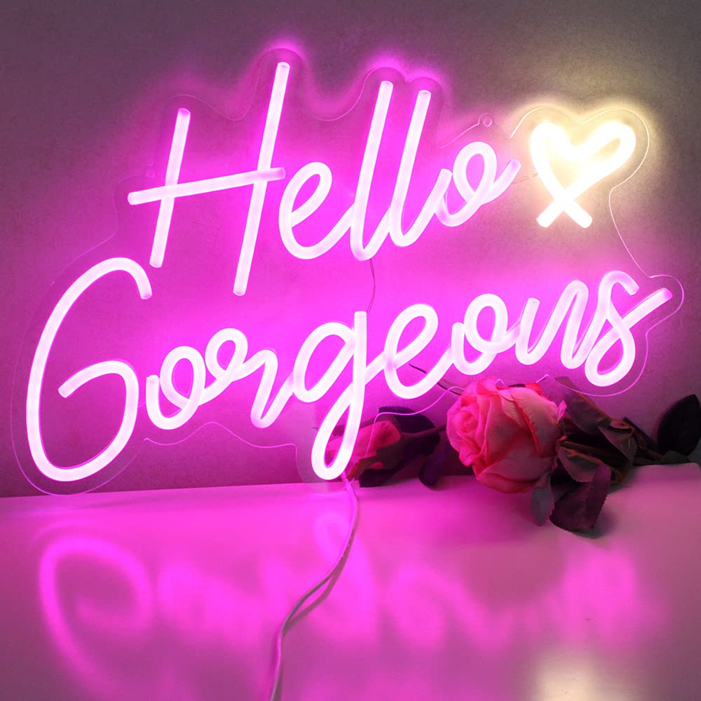 Hello Gorgeous Neon Sign Hello Beautiful Pink LED Neon Lights for Home Wedding Birthday Backdrop Bacelorette Party Wth Dimmable Switch(5V,16.5X10.6Inches) - Pink image number 5