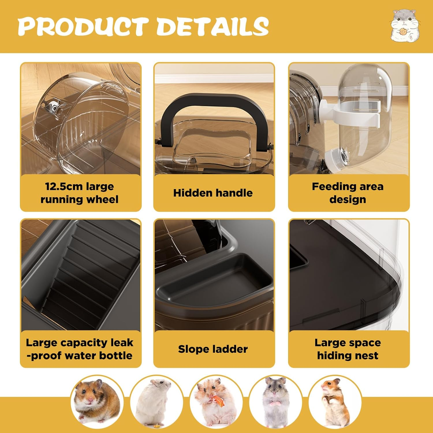 SUSOO 2-Tier Hamster Carrier with Hidden Carry Handle,Portable Small Animal Travel Cage with Water Bottle,Food Dish and Exercise Wheel,Outdoor Vacation House for Guinea Pigs,Dwarf Hamsters & Toy Pet