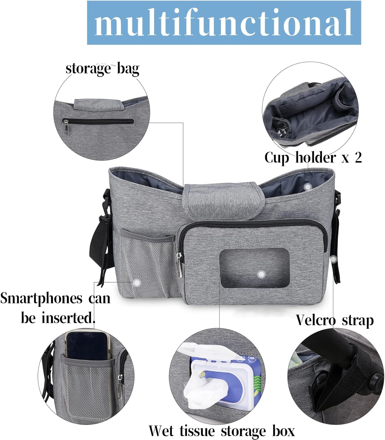 Baby Stroller Organizer with Cup Holders, Universal Stroller Accessories Caddy Storage Bag with Detachable Bag & Shoulder Straps for Carrying Diaper, Phone, Keys, Toys & Snacks (Balck) image number 3