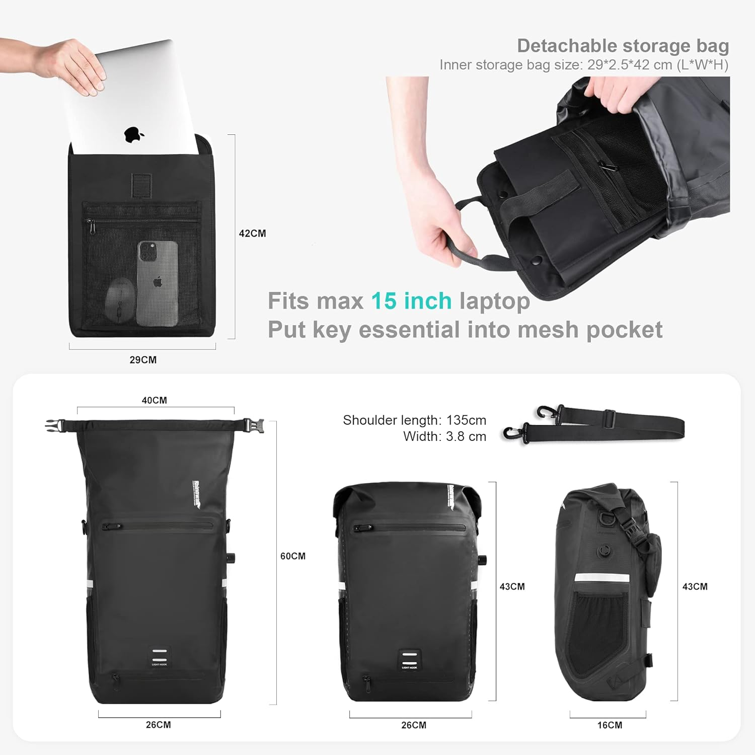 Rhinowalk Bike Pannier Bag Bicycle Bag, Panniers for Bicycles, Motor Pannier Backpack Shoulder Bag Professional Cycling Accessories (Black) - Black image number 4