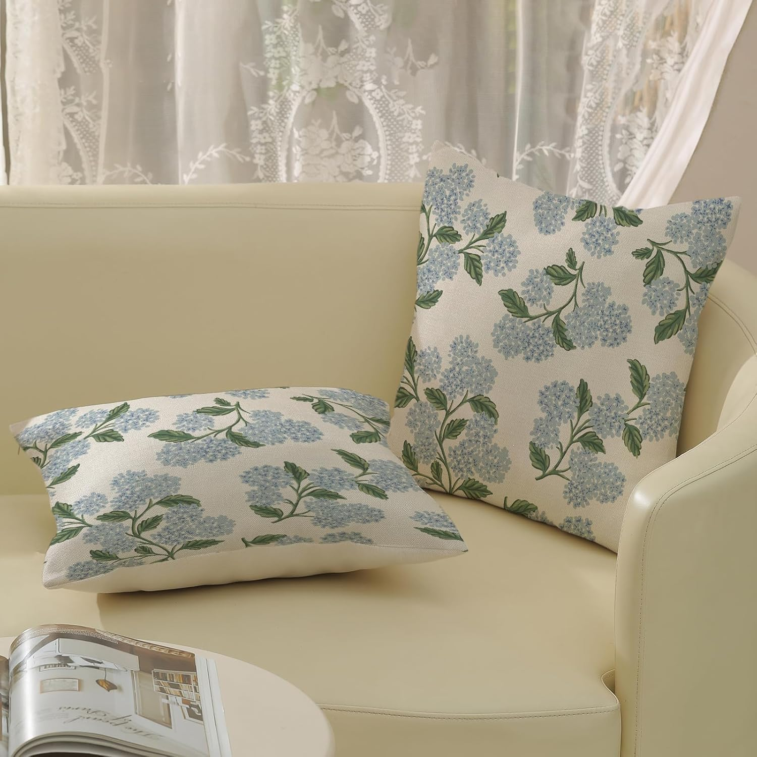 Spring Pillow Covers 18X18 Inch 2 Pcs Blue Green Hydrangea Flower Decor Throw Pillows Vintage Floral Seasonal Summer Outdoor Decoration Pillowcase Linen Cushion Cover for Couch Sofa image number 2