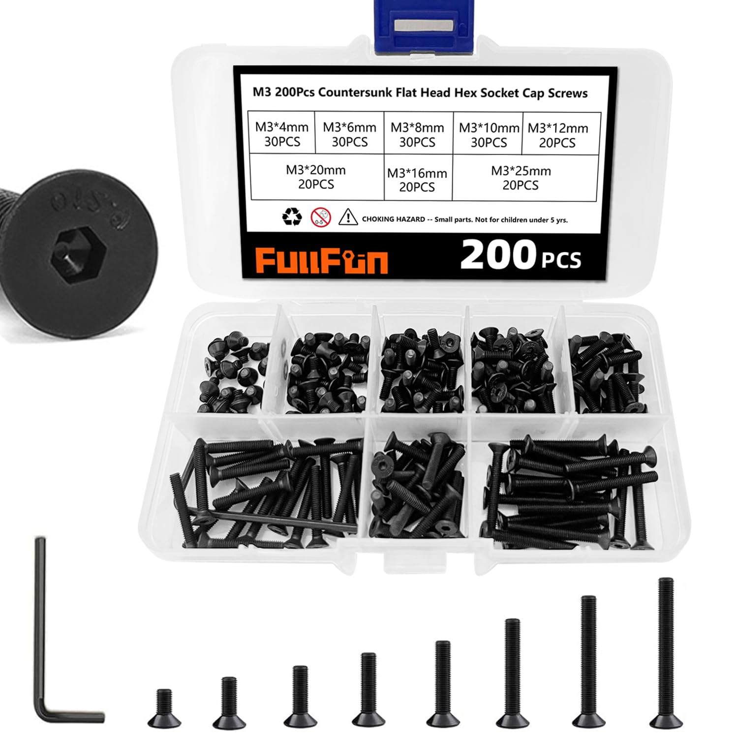 Fullfun 200PCS M3 X 4/6/8/10/12/16/20/25Mm Hex Socket Flat Head Screw Bolts Assortment Kit, Alloy Steel Metric Screws with Allen Wrench, Allen Socket Hex Drive Black Machine Screws Set