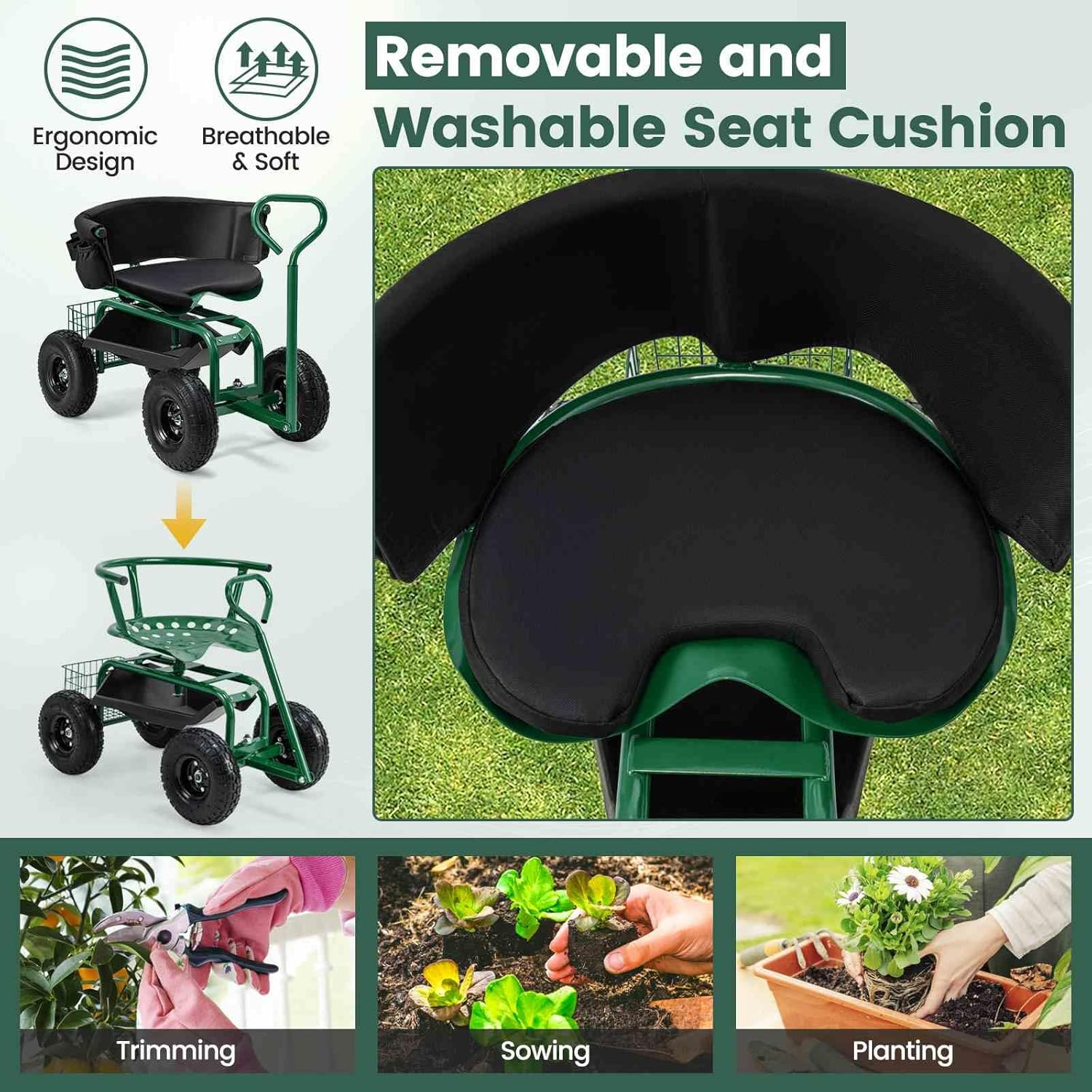 Costway Rolling Garden Cart Scooter, Outdoor Heavy-Duty Gardening Cart W/ 26Cm Tires, Swivel Seat, Extendable Handle, Yard Steerable Tool Cart Scooter W/Tray, Storage Basket, Tool Pouch, Seat Cushion